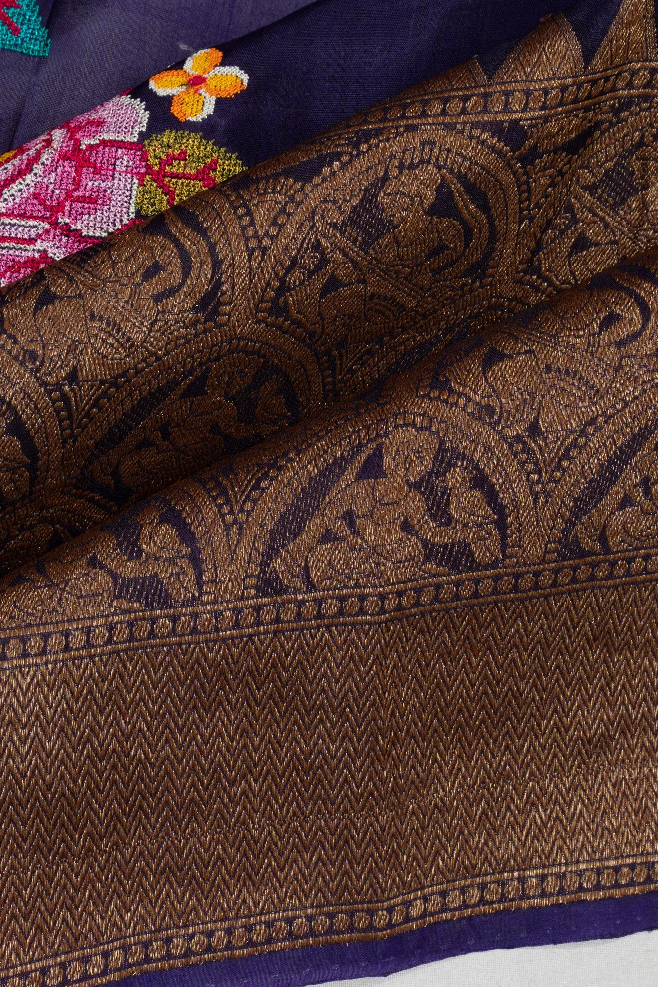 Banarasi Kora Organza Embroidery Butta Dark Blue Saree With Big Border