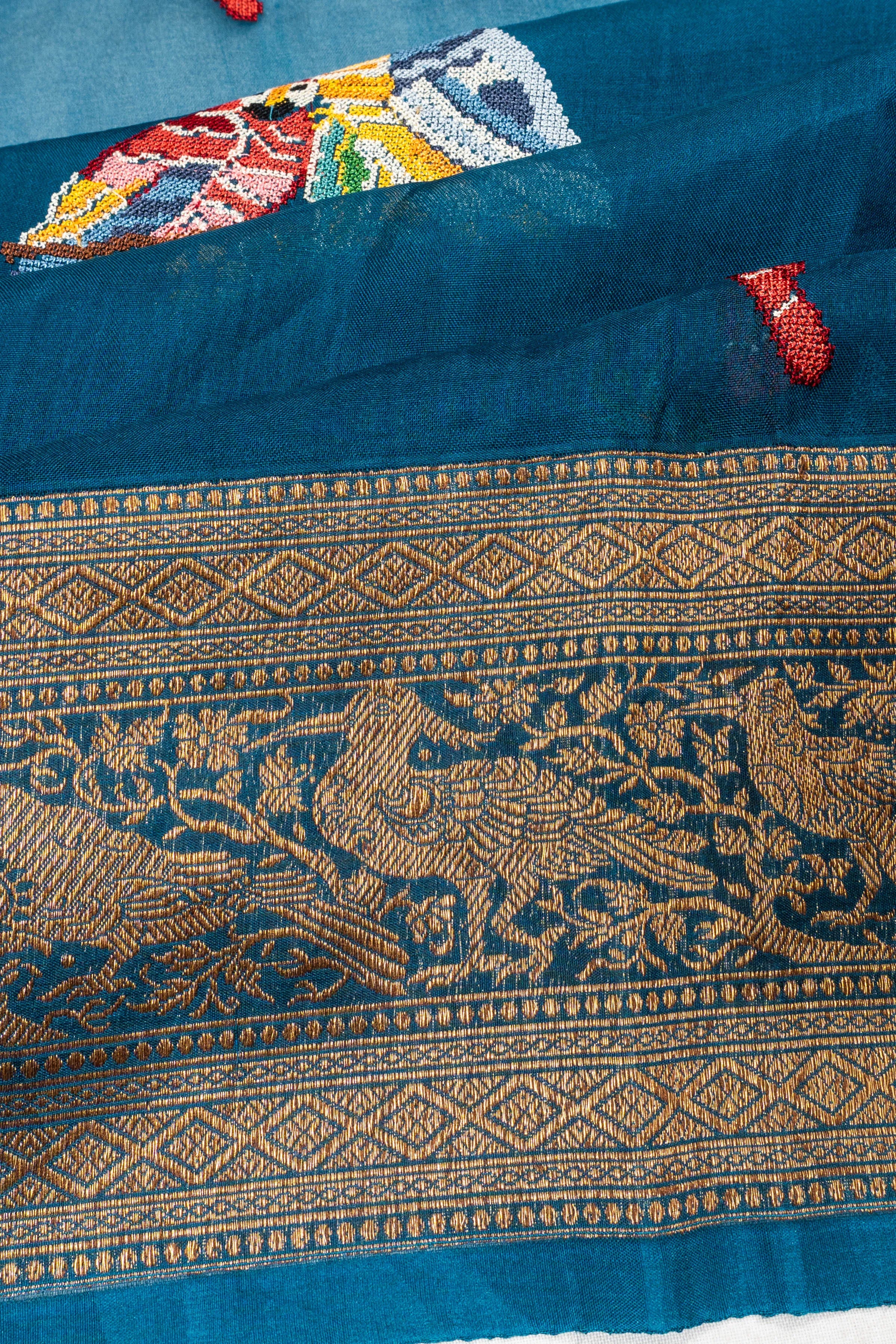 Organza Embroidery Butta Teal Blue Saree