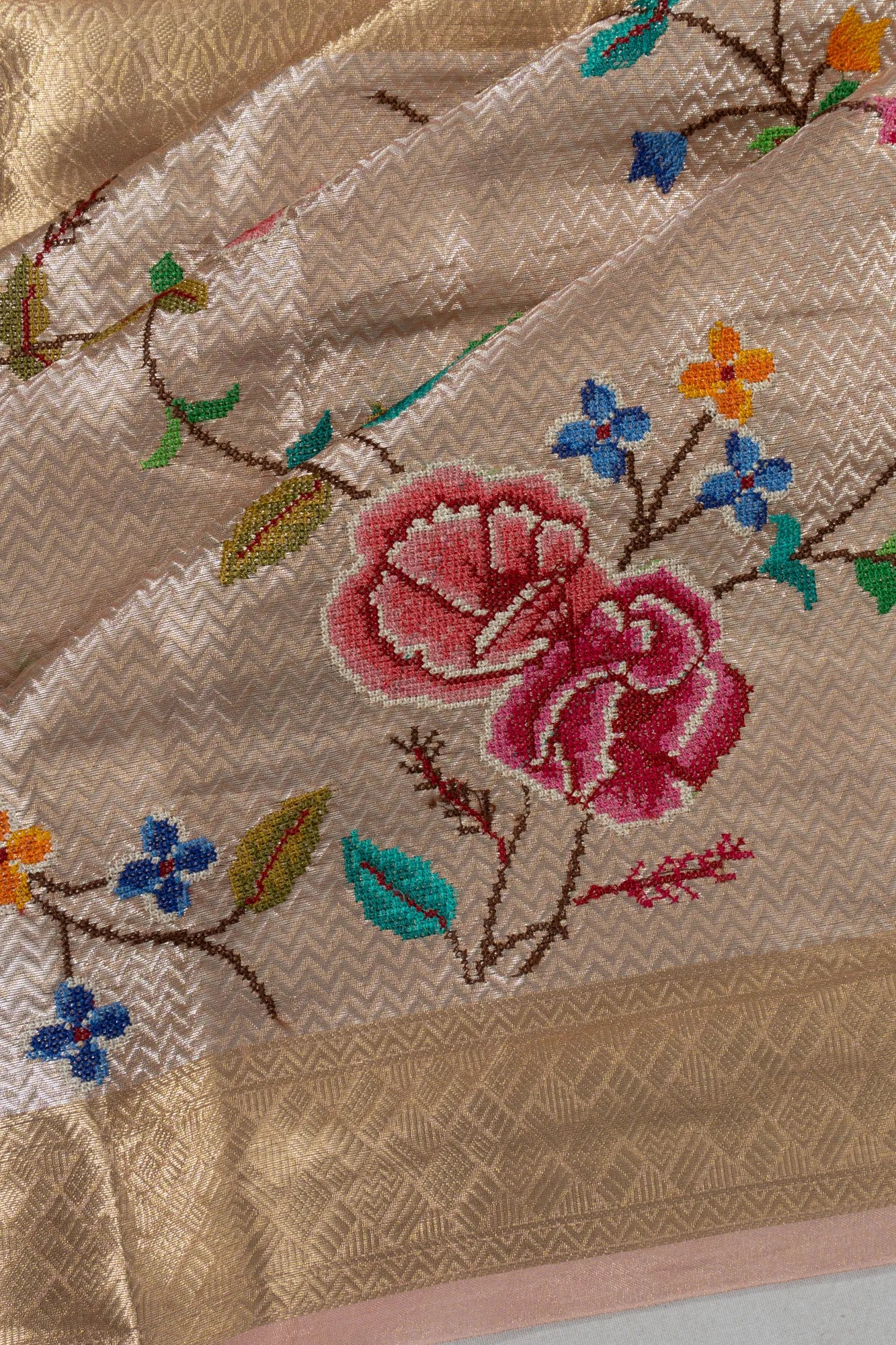 Soft Silk Tissue Brocade Half And Half Peach Saree With Embroidery