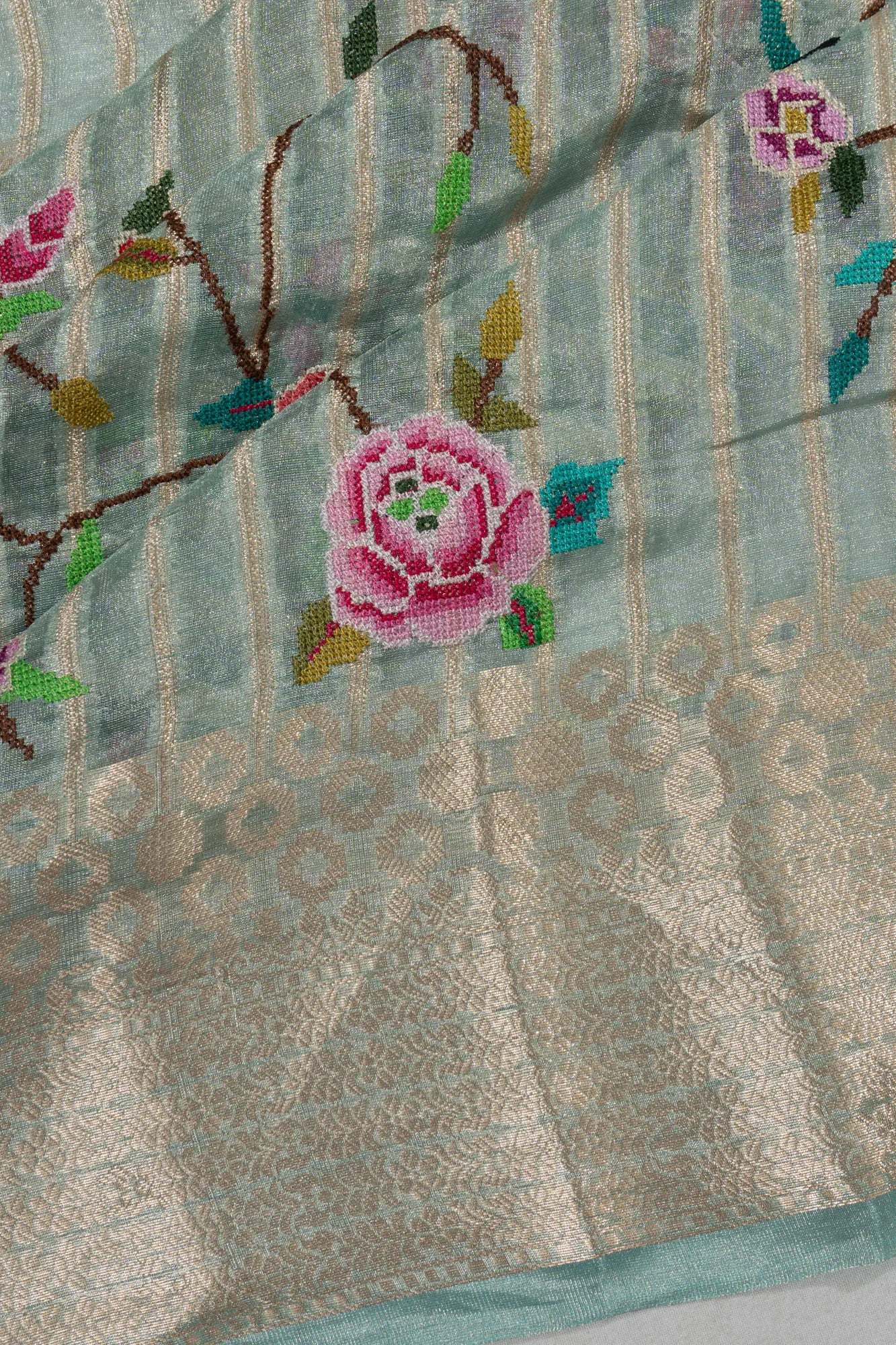 Banarasi Kora Organza Tissue Lines Pastel Green Saree With Embroidery