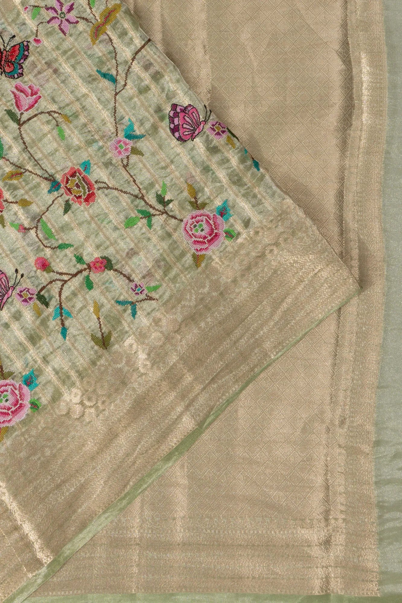 Banarasi Kora Organza Tissue Lines Pista Green Saree With Embroidery
