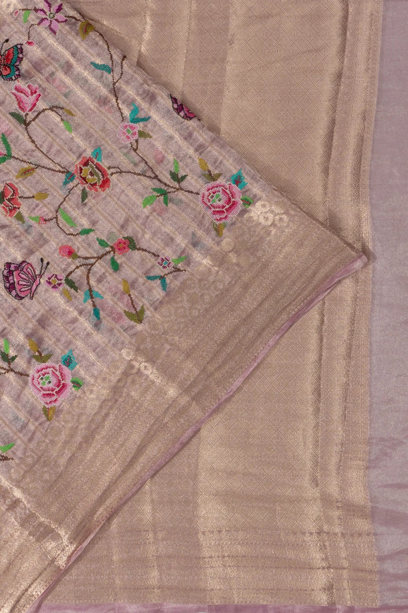 Banarasi Kora Organza Tissue Lines Pink Saree With Embroidery