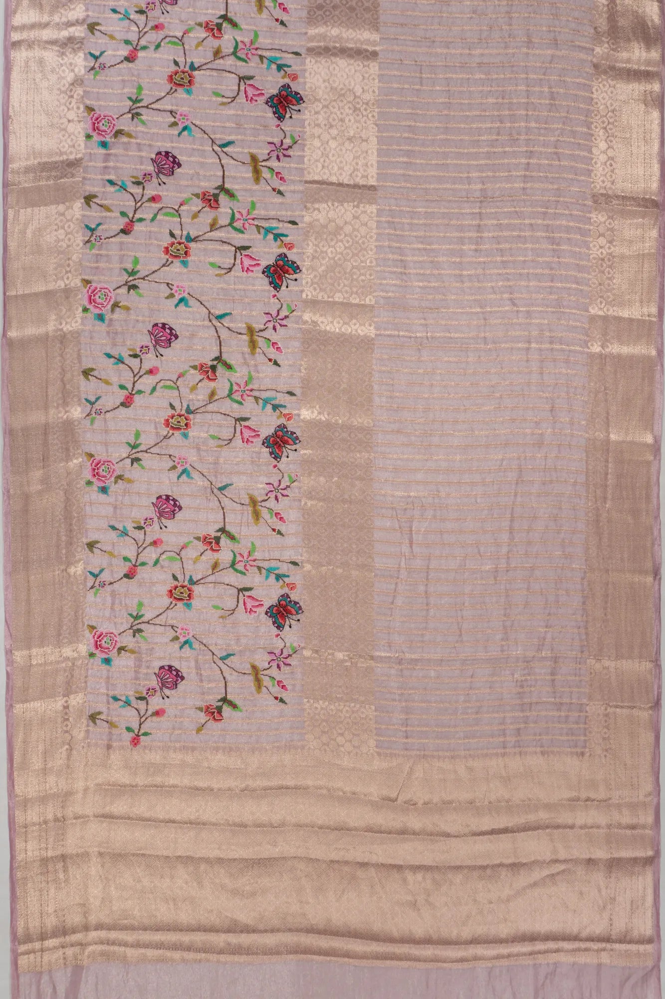 Banarasi Kora Organza Tissue Lines Pink Saree With Embroidery