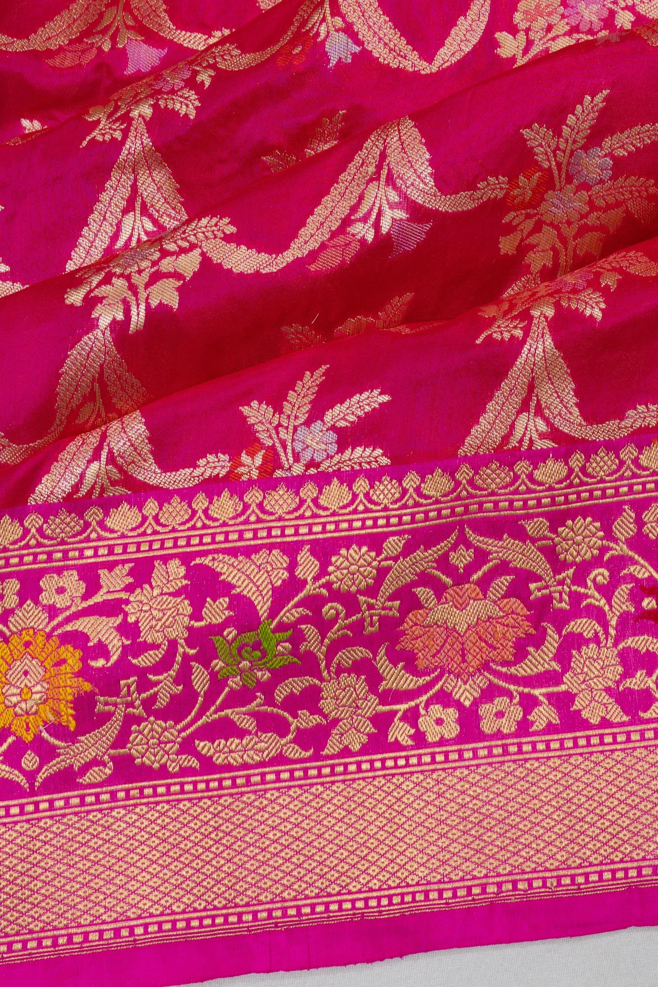 Banarasi Silk Phekwa Jaal Rani Pink Saree With Meenakari