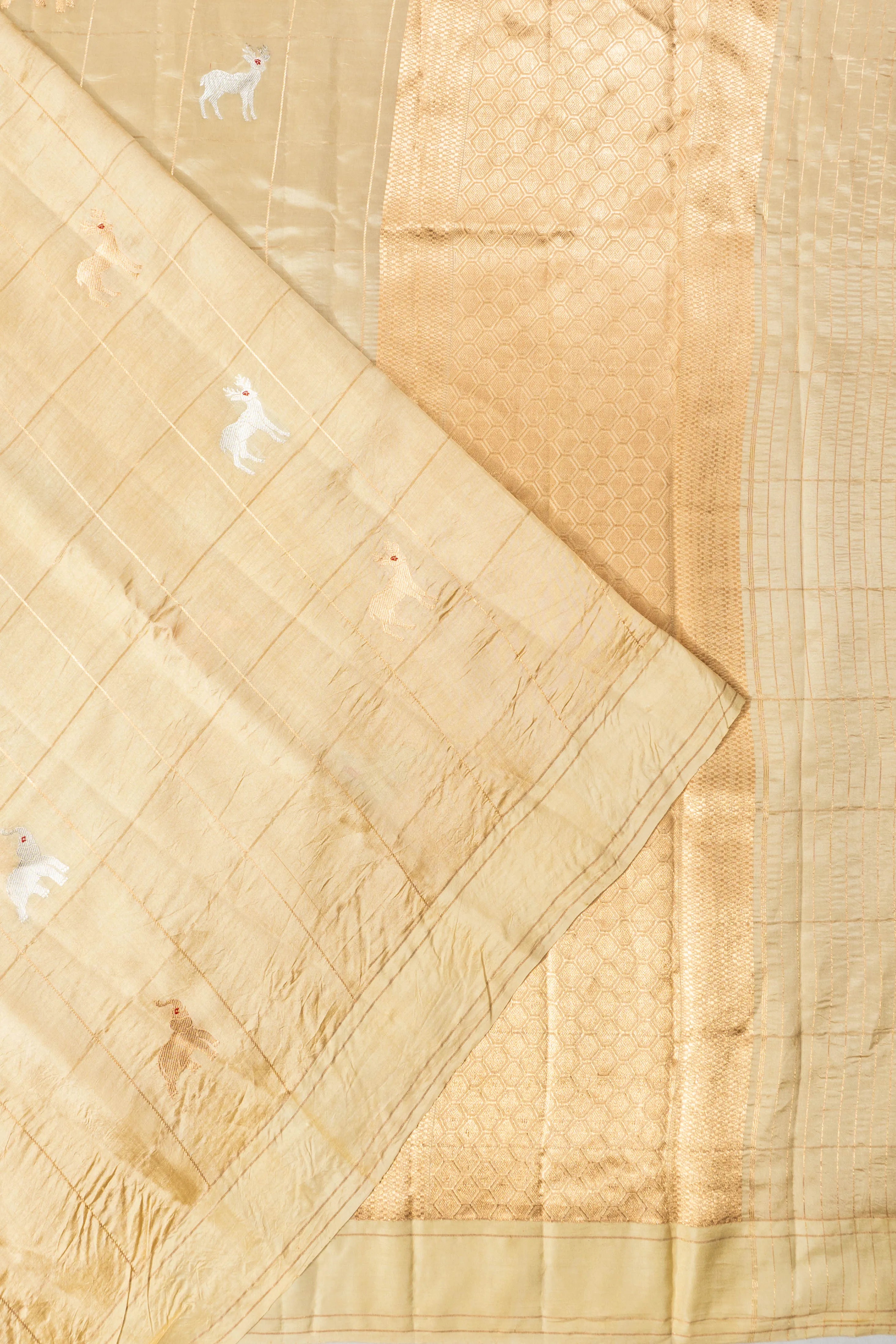 Banarasi Poona Silk Checks And Butta Cream Saree
