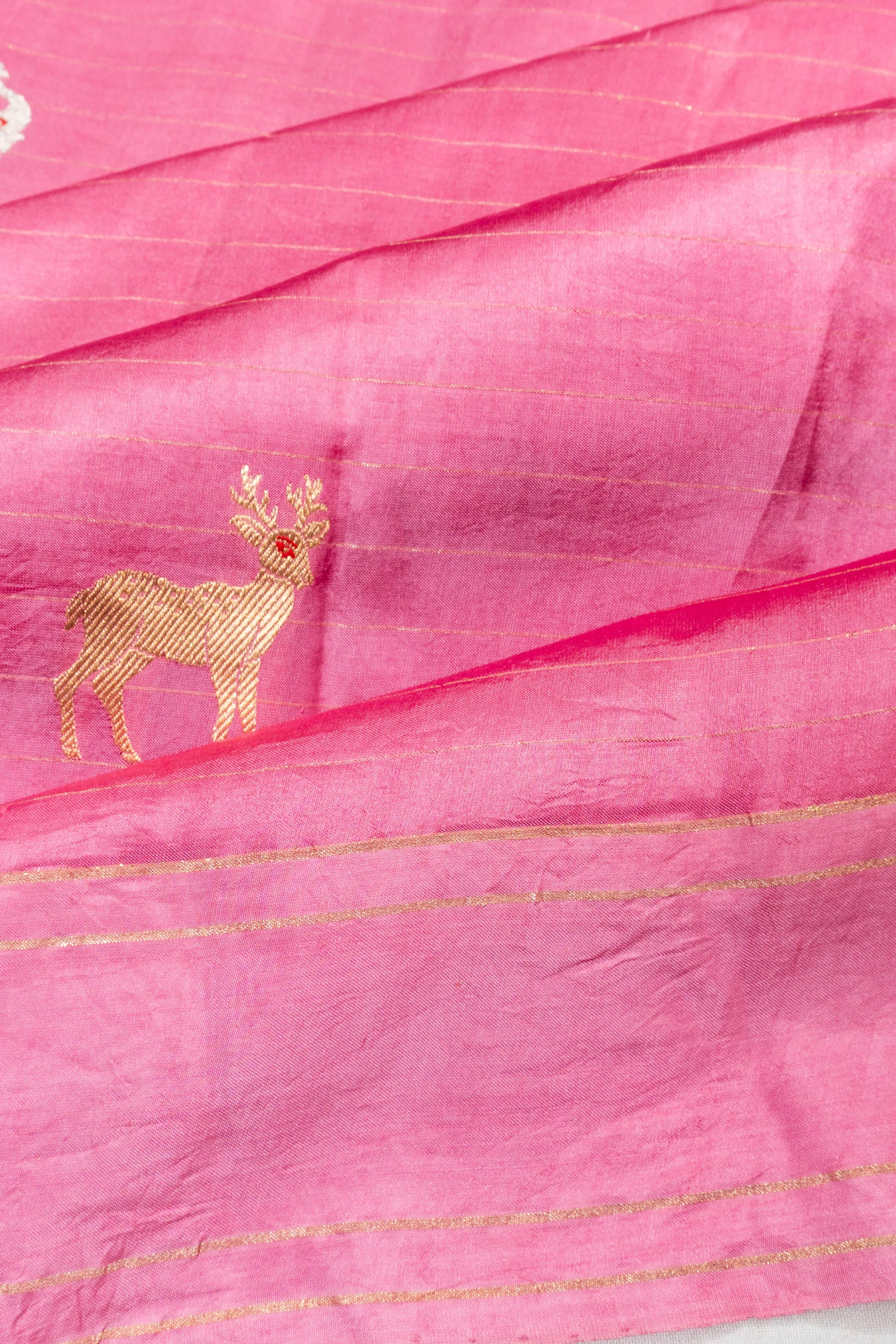 Banarasi Poona Silk Lines And Butta Pink Saree