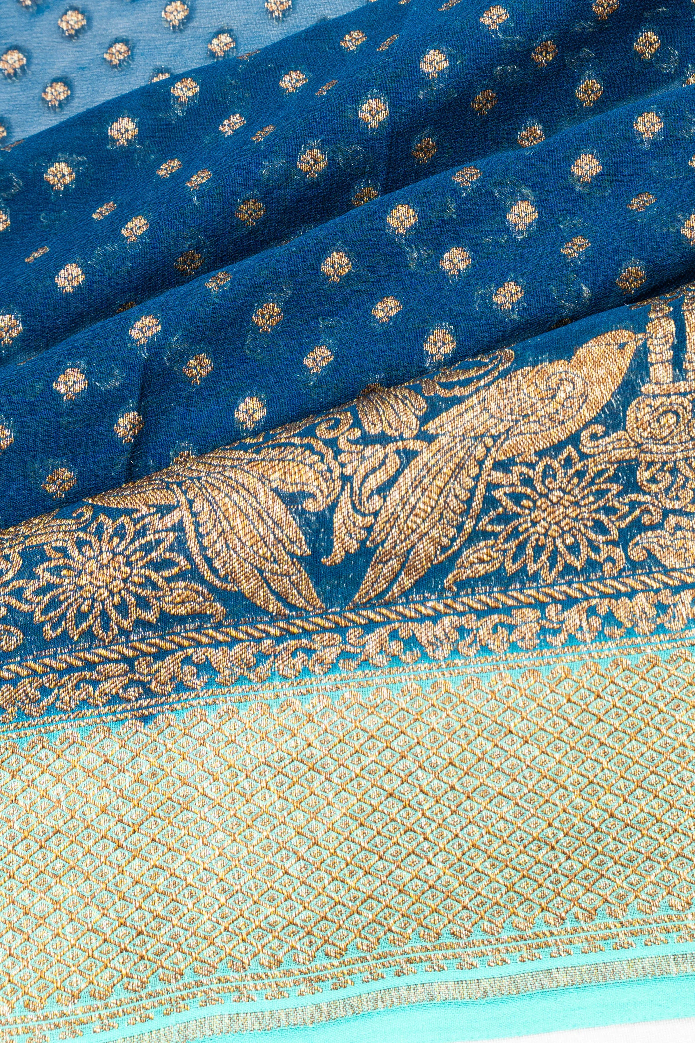 Banarasi Georgette Brocade Teal Blue Saree