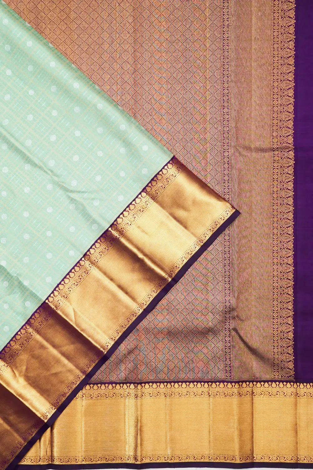 Kanchipuram Silk Checks And Butta Sea Green Saree
