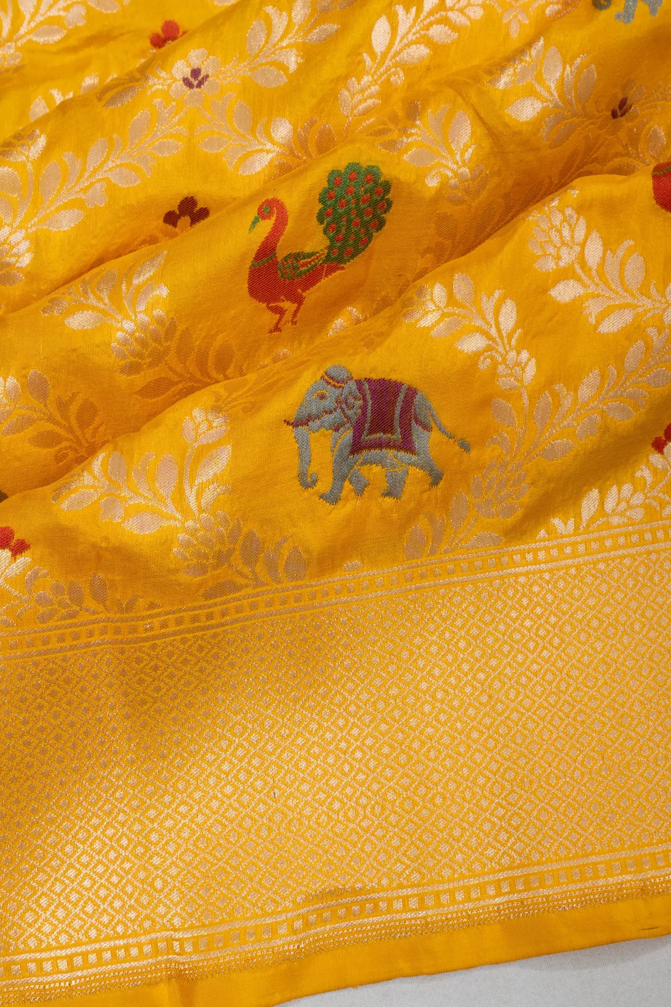 Banarasi Silk Phekwa Jaal And Butta Mustard Yellow Saree