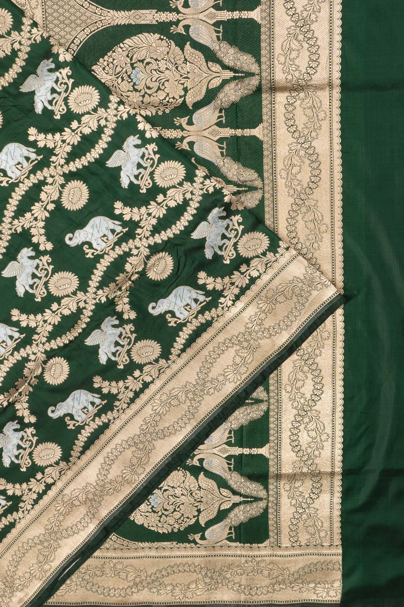 Banarasi Silk Phekwa Jaal And Butta Bottle Green Saree