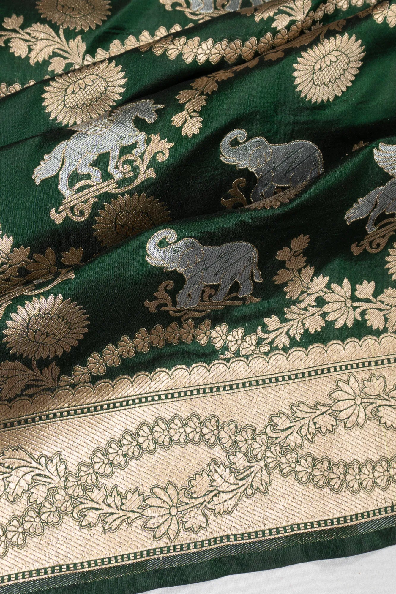 Banarasi Silk Phekwa Jaal And Butta Bottle Green Saree