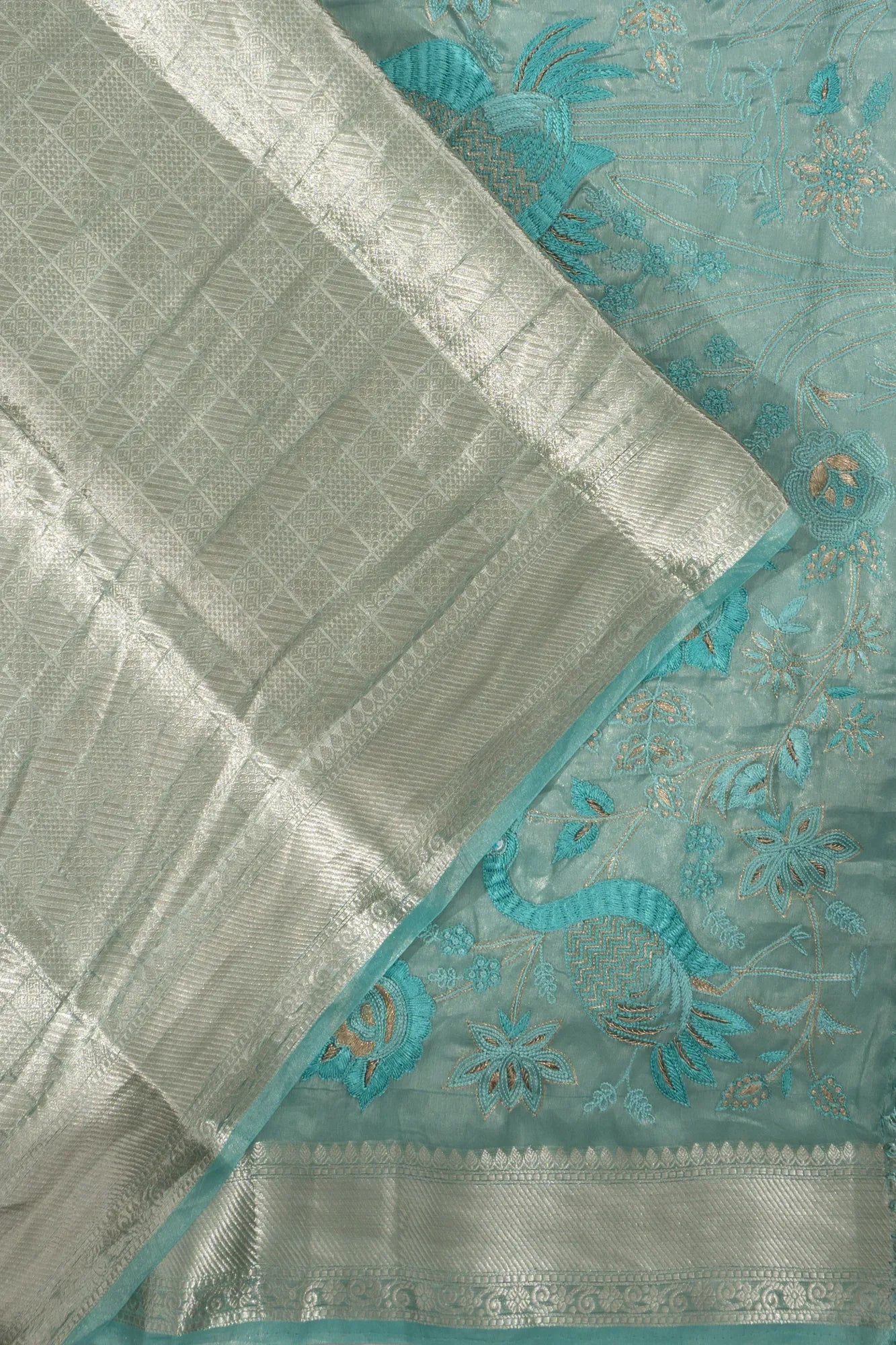 Organza Tissue All Over Brocade Sea Blue Saree With Embroidery Pallu