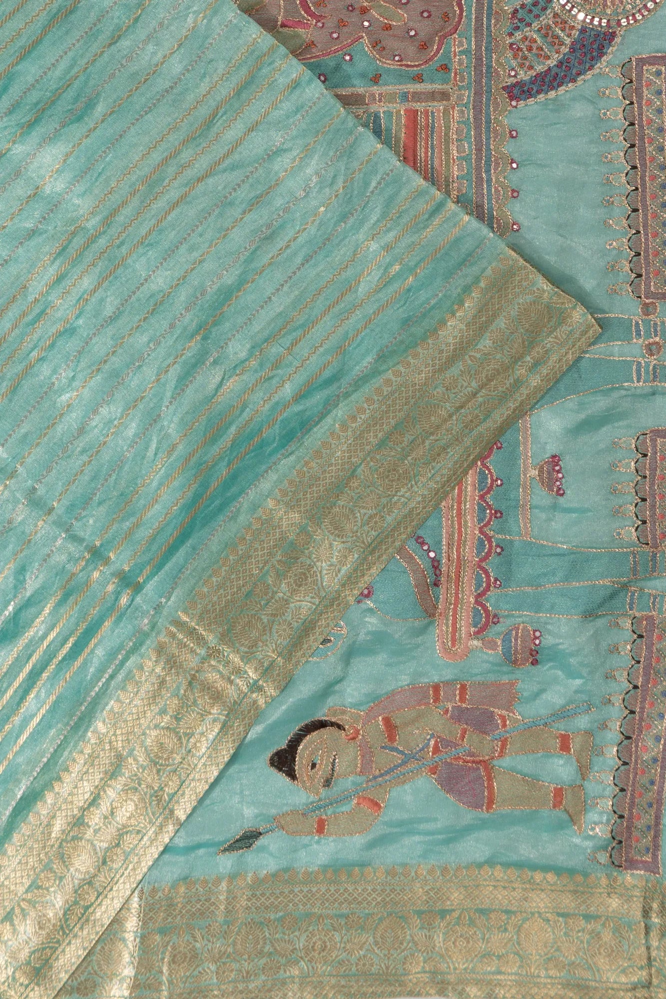 Organza Tisuue Lines Green Saree With Embroidery Pallu