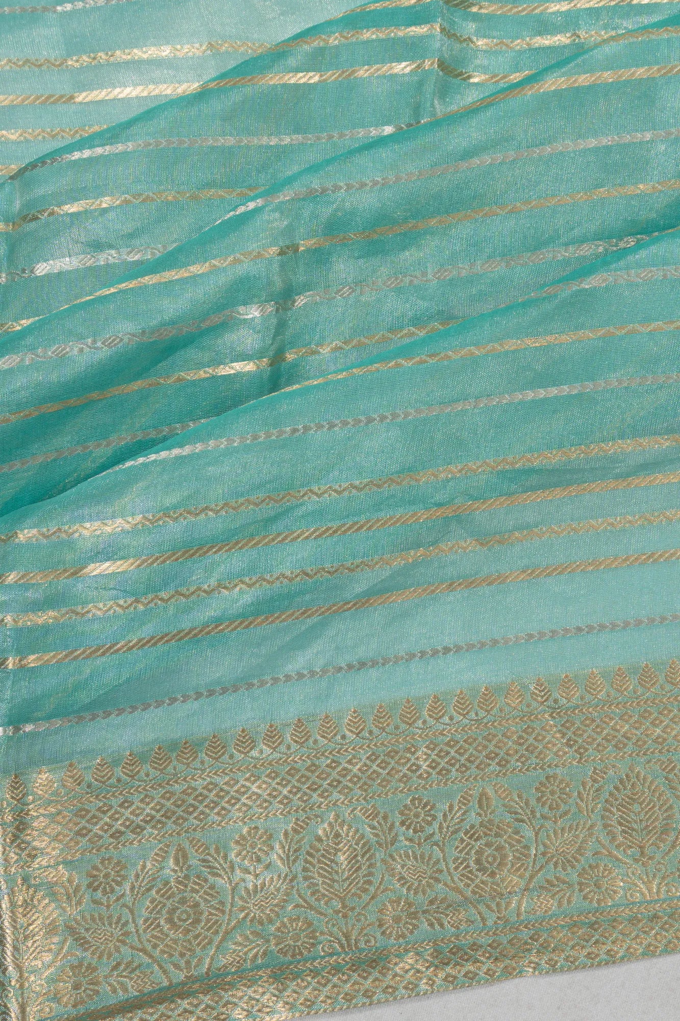 Organza Tisuue Lines Green Saree With Embroidery Pallu