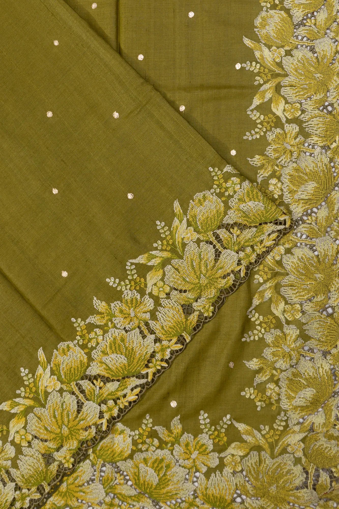 Tussar Butta Mehandi Green Saree With Cut Work Embroidery Border