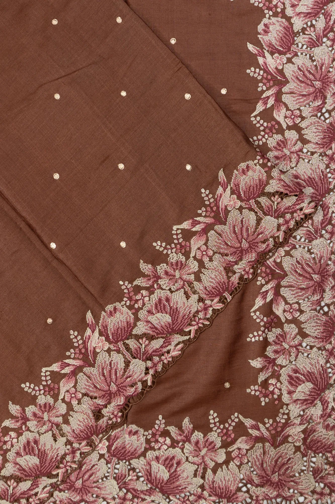 Tussar Butta Choco Brown Saree With Cut Work Embroidery Border