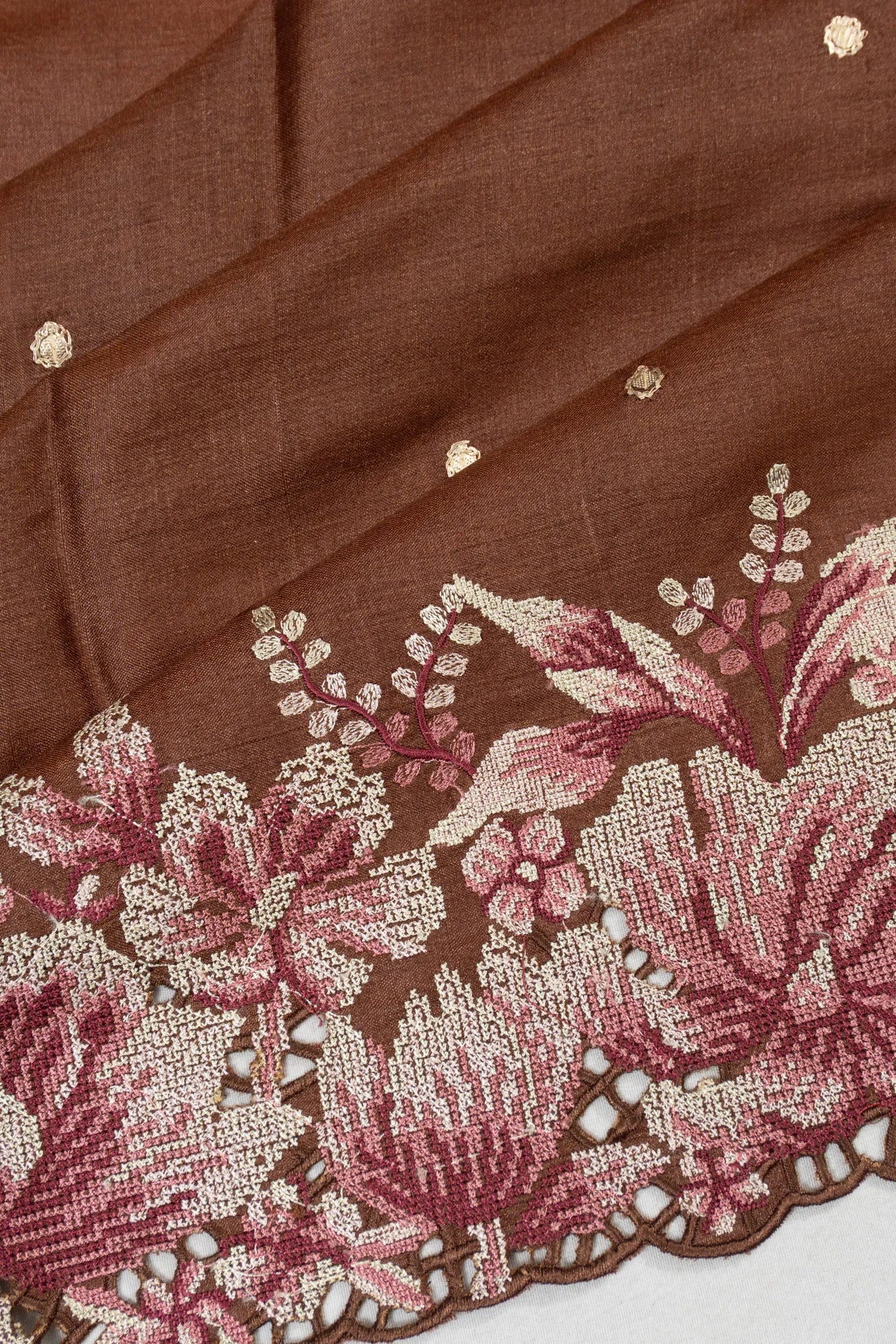 Tussar Butta Choco Brown Saree With Cut Work Embroidery Border