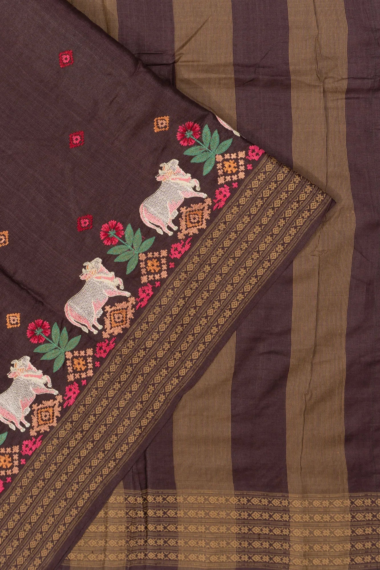 Tussar Embroidery Butta Dark Brown Saree With Pichwai Motifs