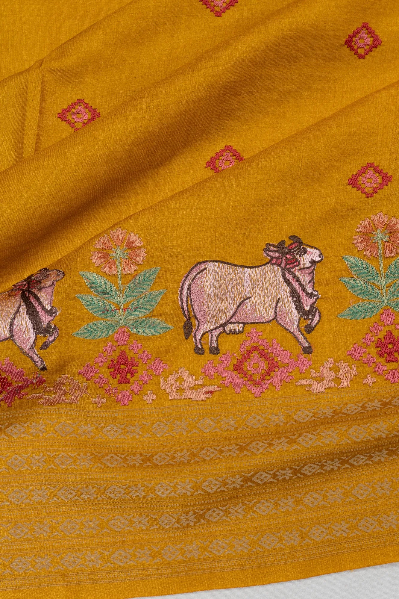 Tussar Embroidery Butta Mustard Yellow Saree With Pichwai Motifs