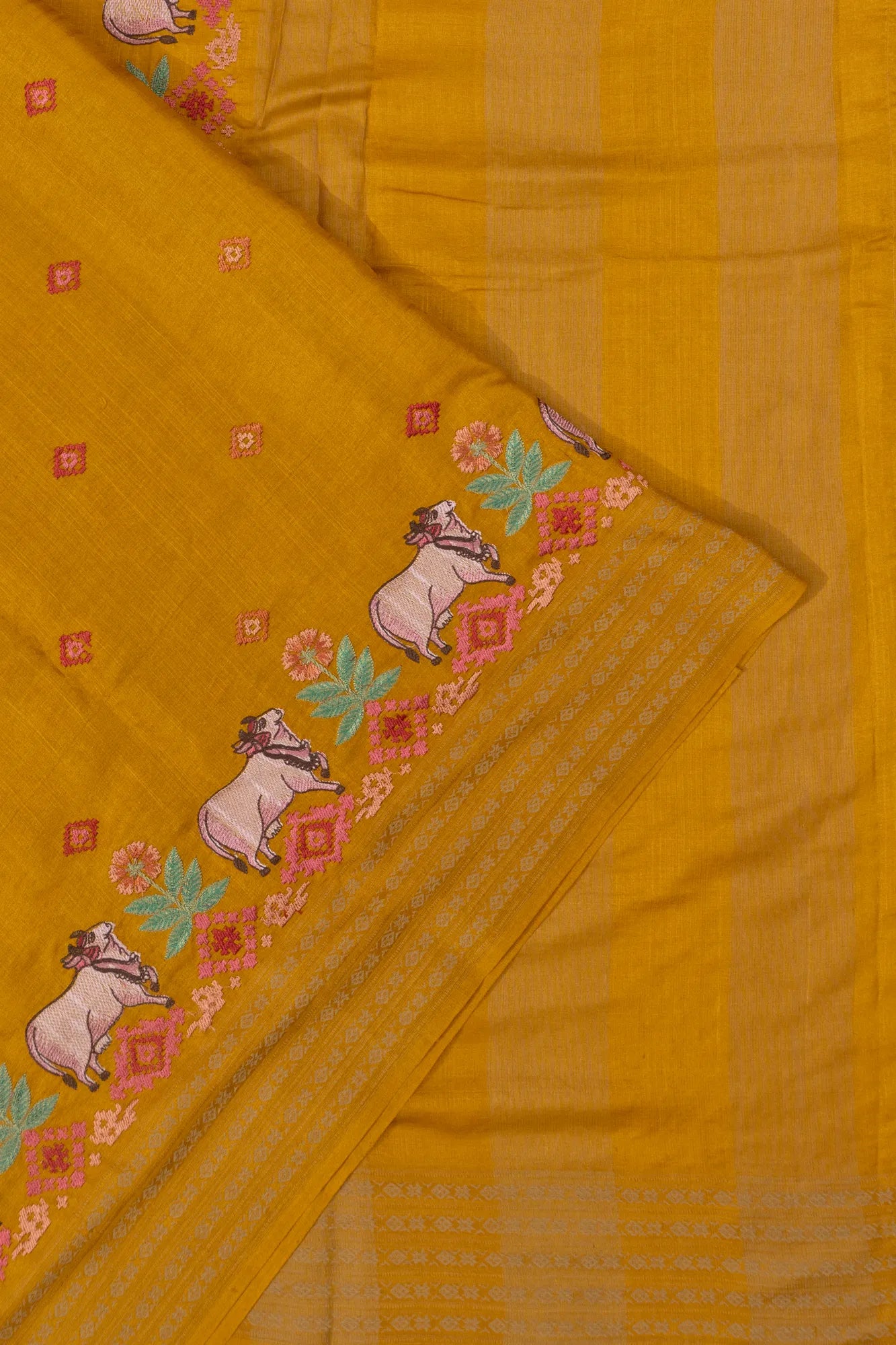Tussar Embroidery Butta Mustard Yellow Saree With Pichwai Motifs
