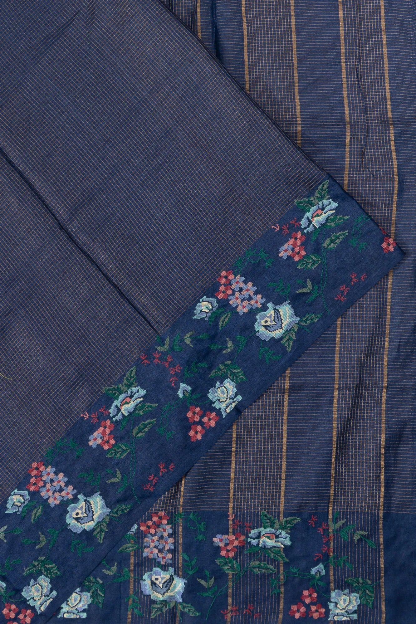 Tussar Checks Dark Blue Saree With Embroidery Border