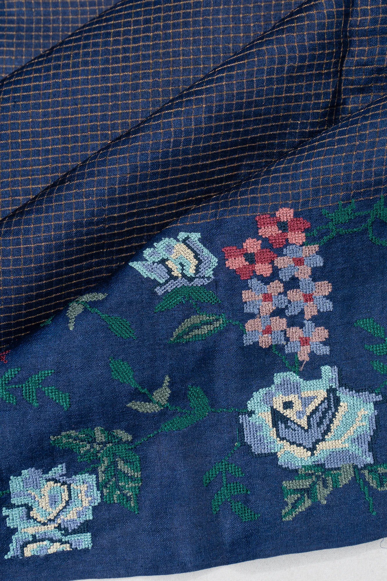 Tussar Checks Dark Blue Saree With Embroidery Border