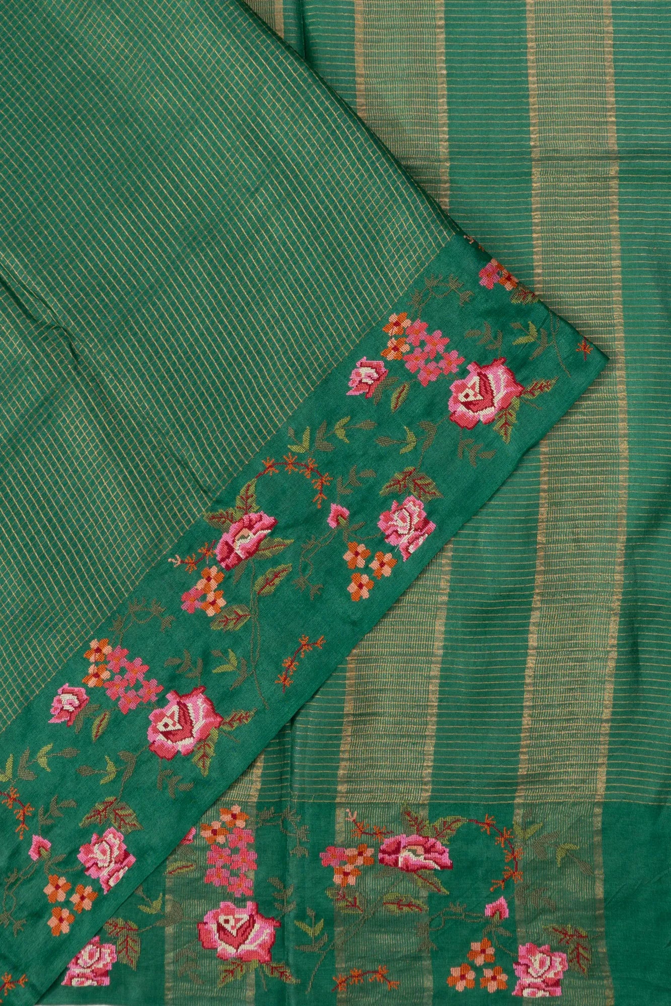 Tussar Checks Green Saree With Embroidery Border