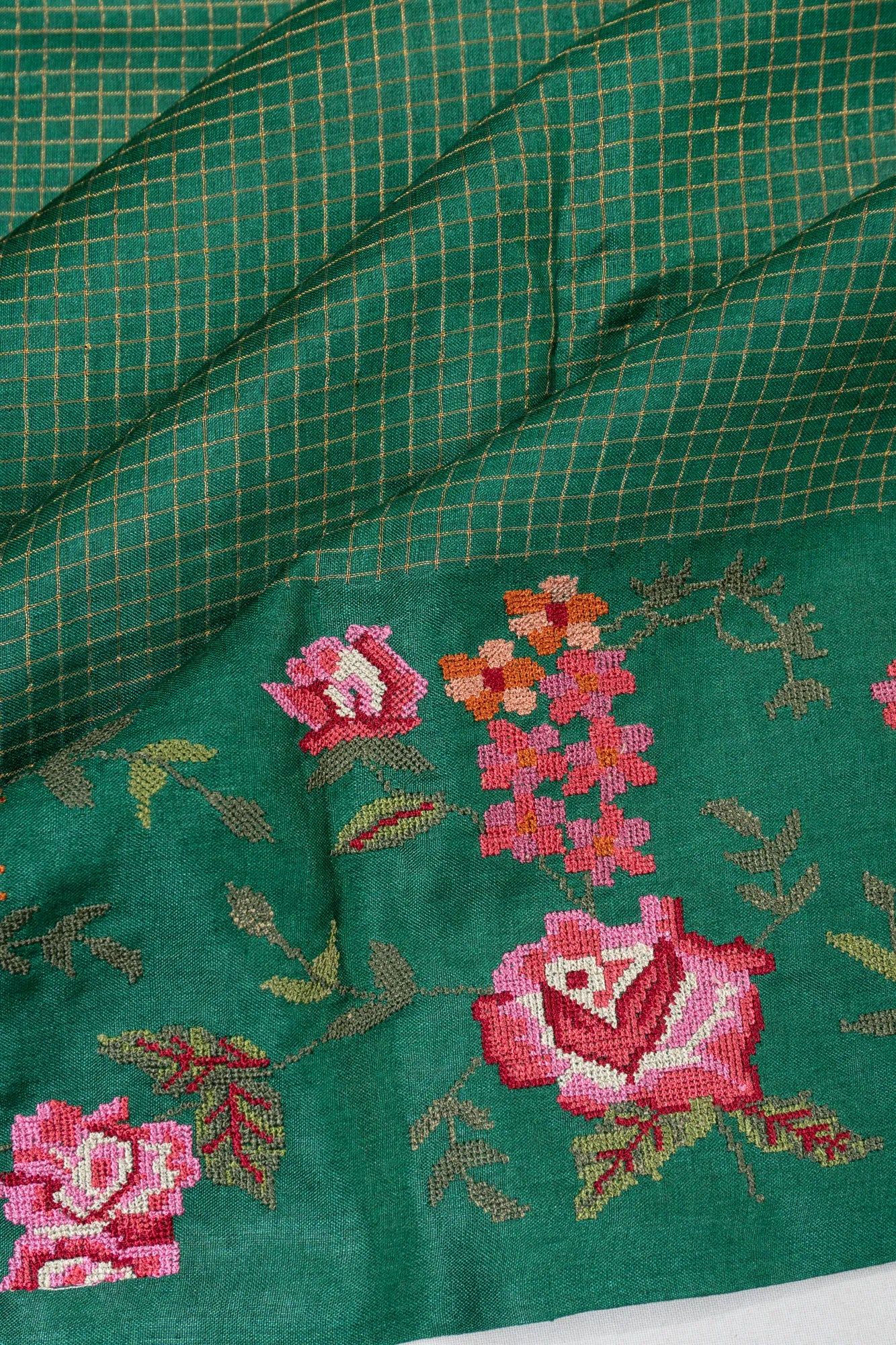 Tussar Checks Green Saree With Embroidery Border
