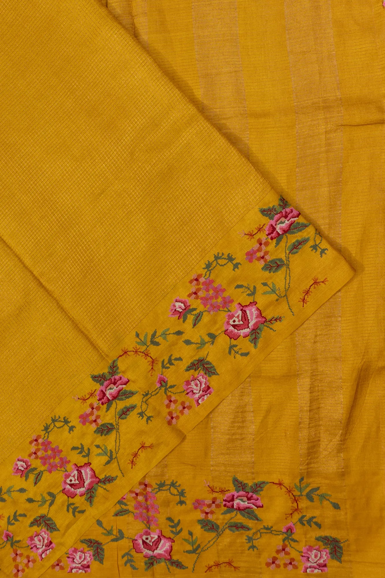 Tussar Checks Mustard Yellow Saree With Embroidery Border