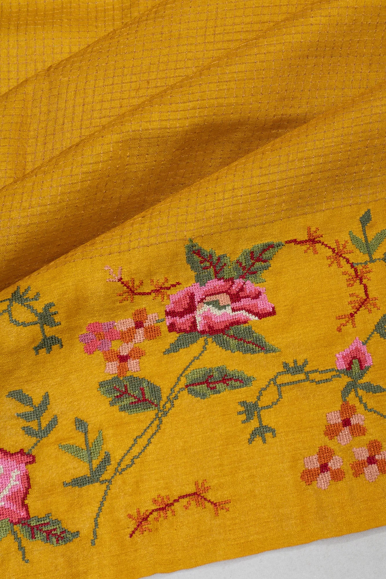 Tussar Checks Mustard Yellow Saree With Embroidery Border