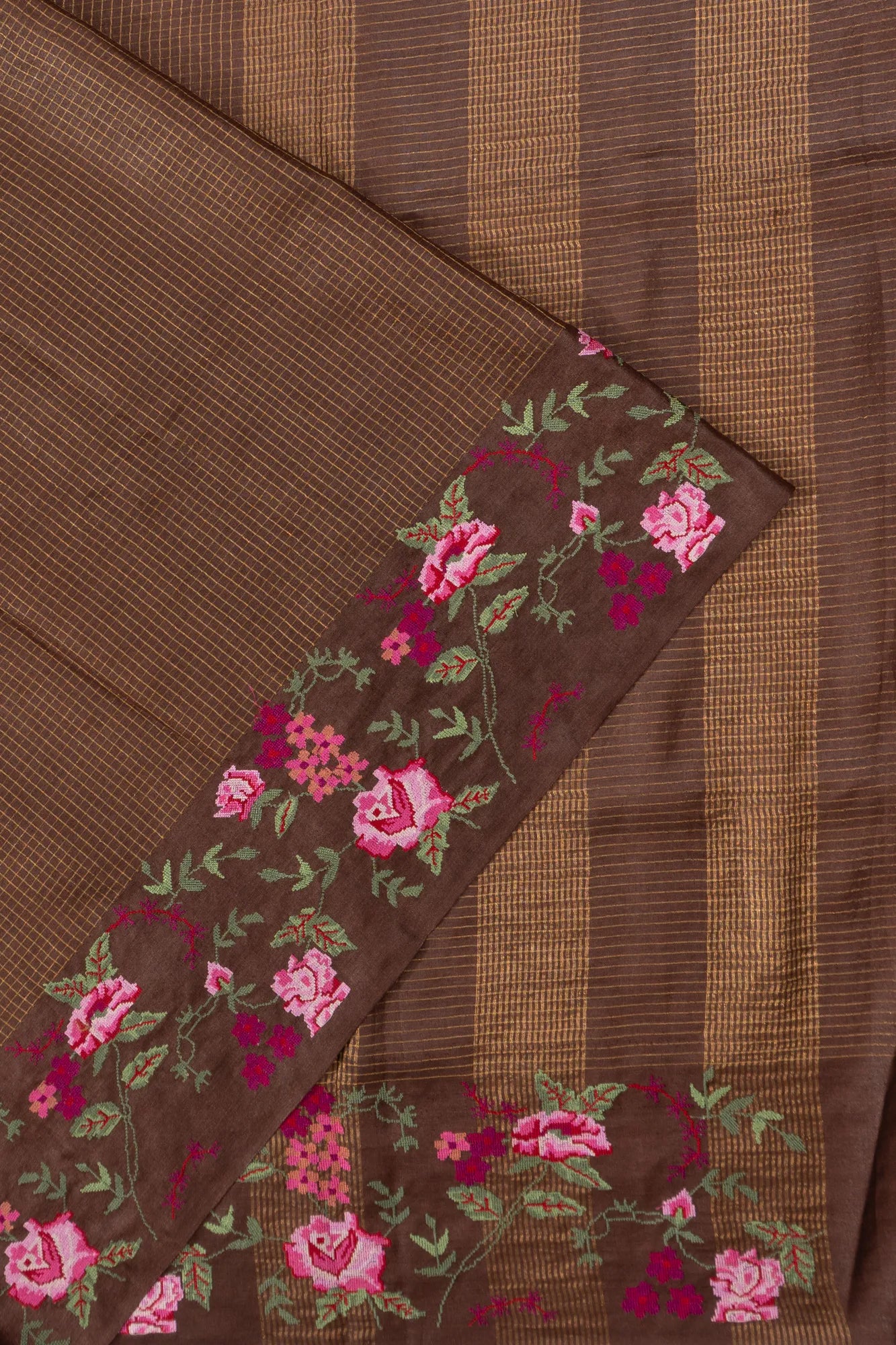 Tussar Checks Brown Saree With Embroidery Border
