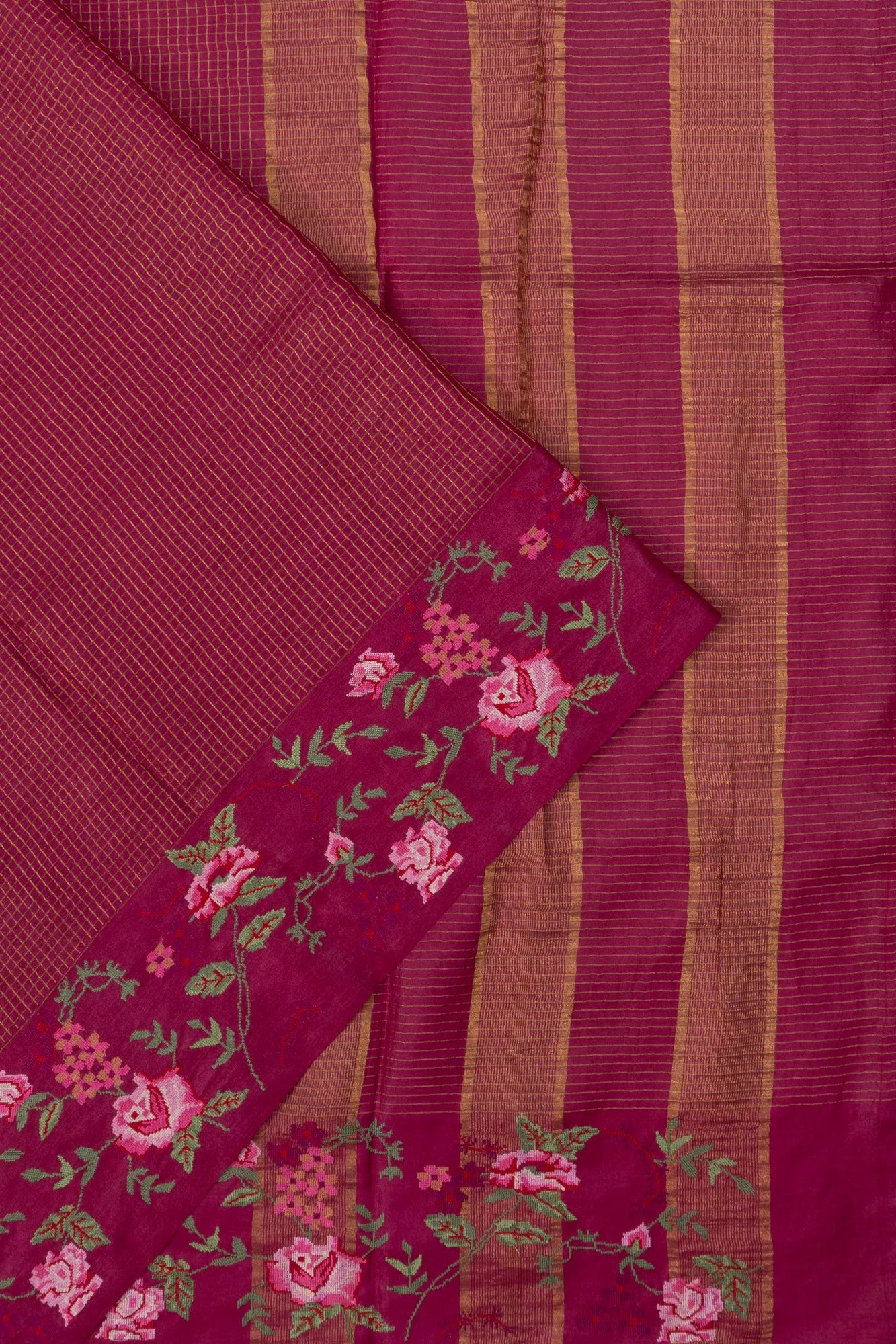 Tussar Checks Pink Saree With Embroidery Border