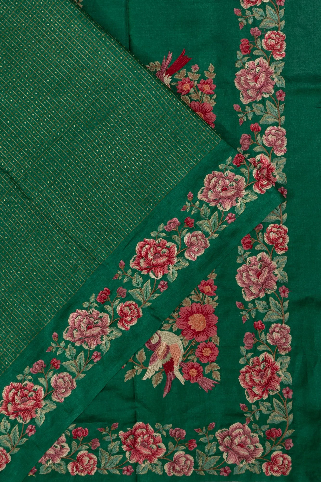 Tussar Checks And Butta Green Saree With Embroidery Border