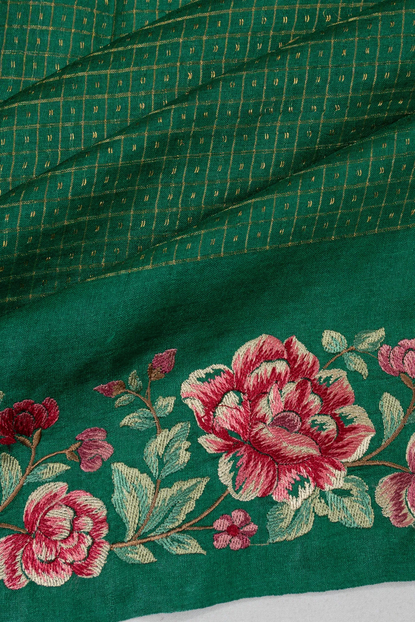 Tussar Checks And Butta Green Saree With Embroidery Border