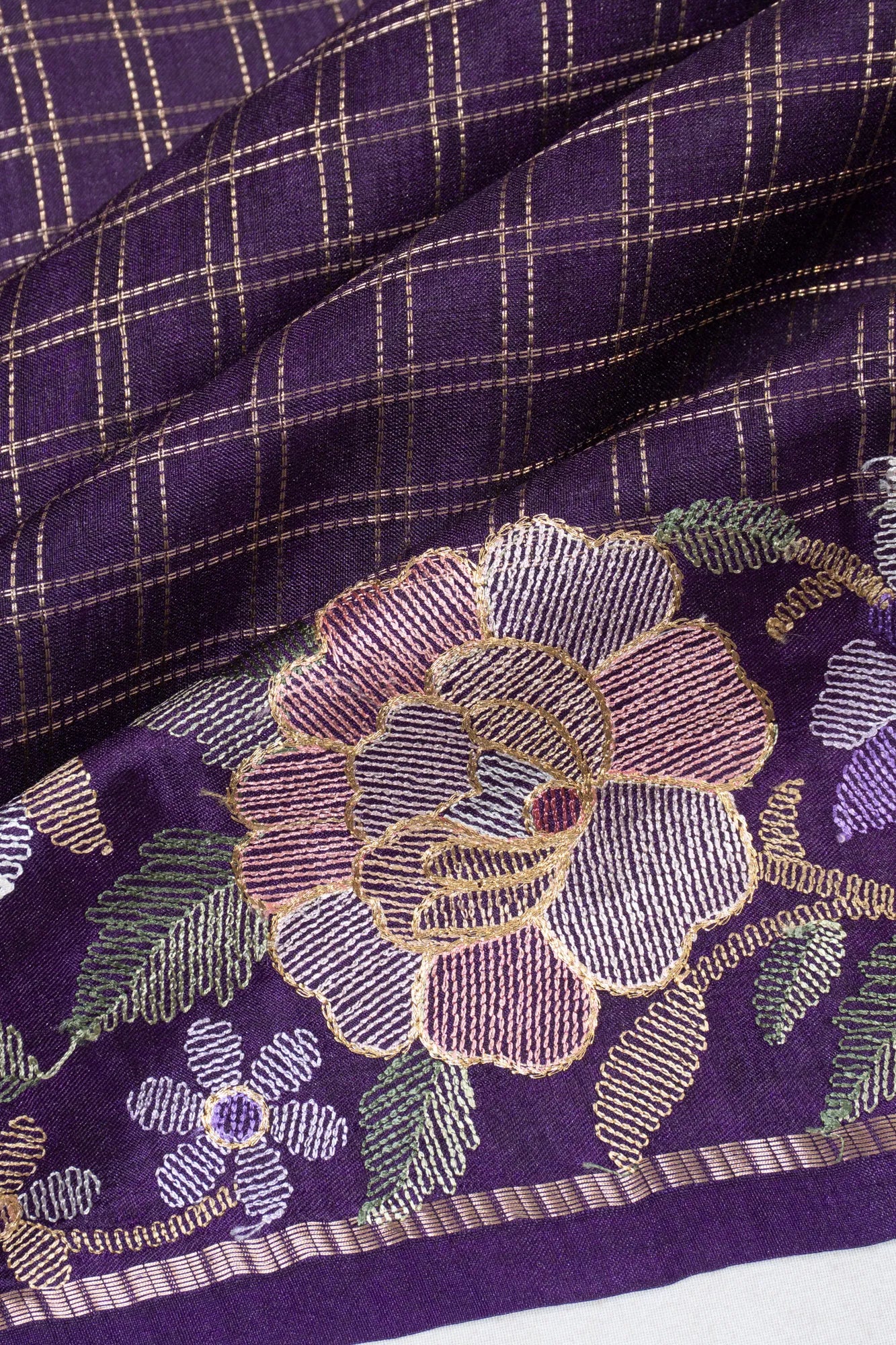 Dola Silk Checks Violet Saree With Embroidery Border