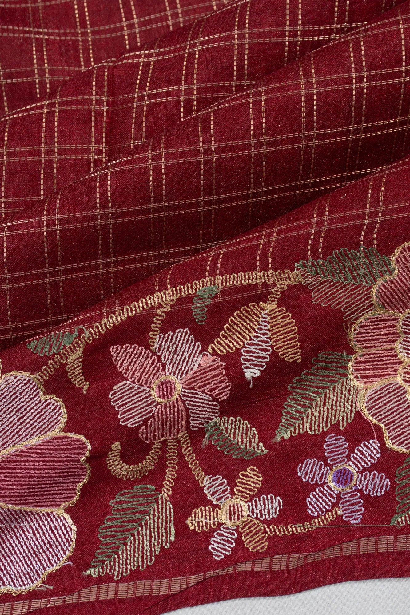 Dola Silk Checks Maroon Saree With Embroidery Border