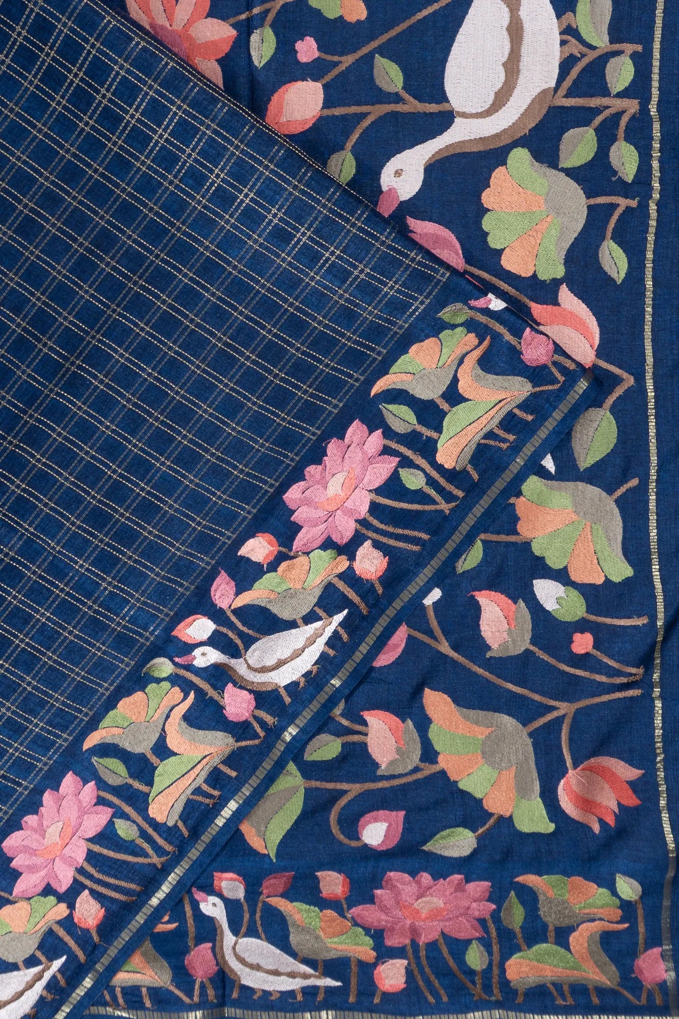 Dola Silk Checks Blue Saree With Embroidery Border