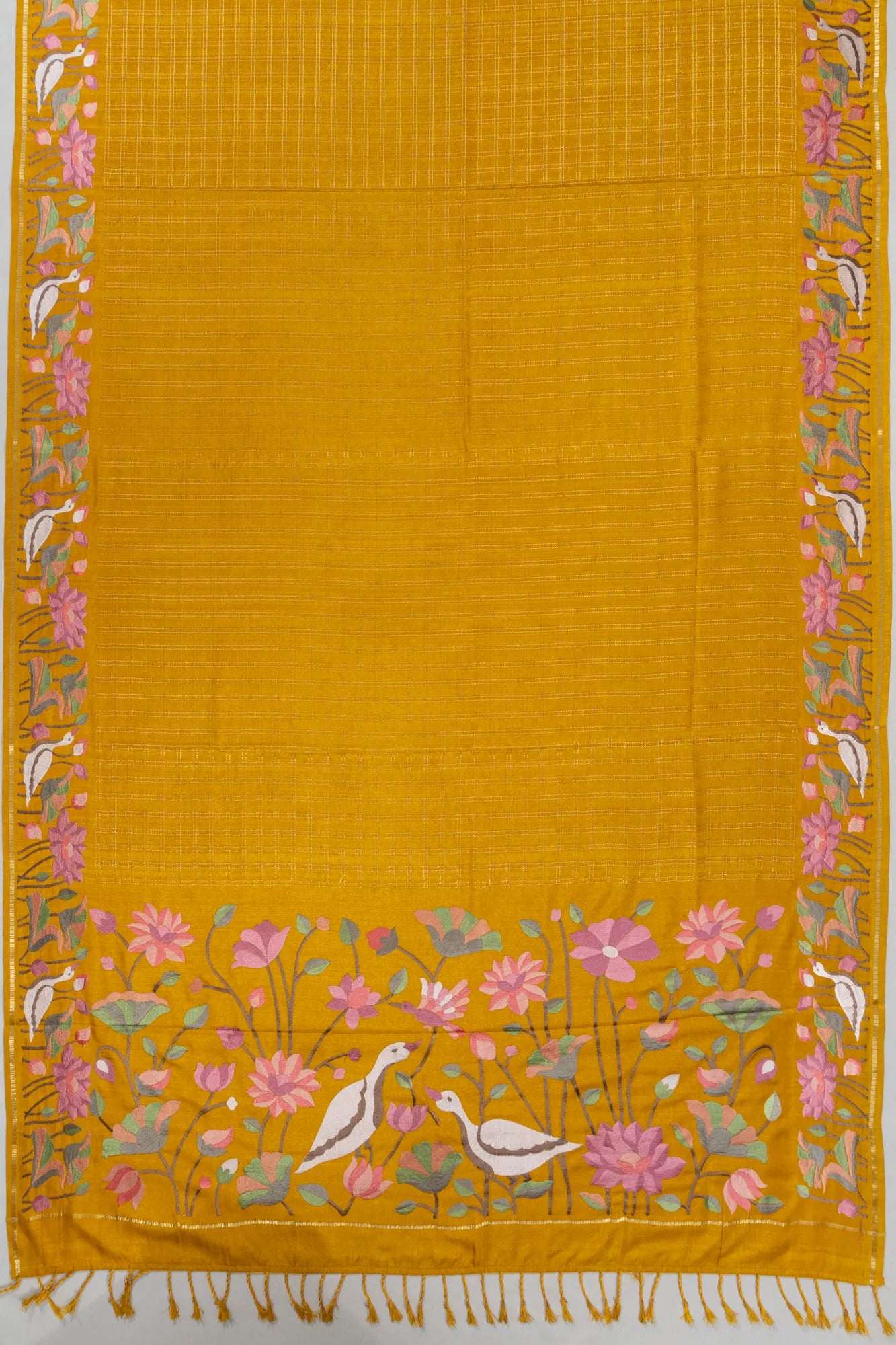 Dola Silk Checks Mustard Yellow Saree With Embroidery Border