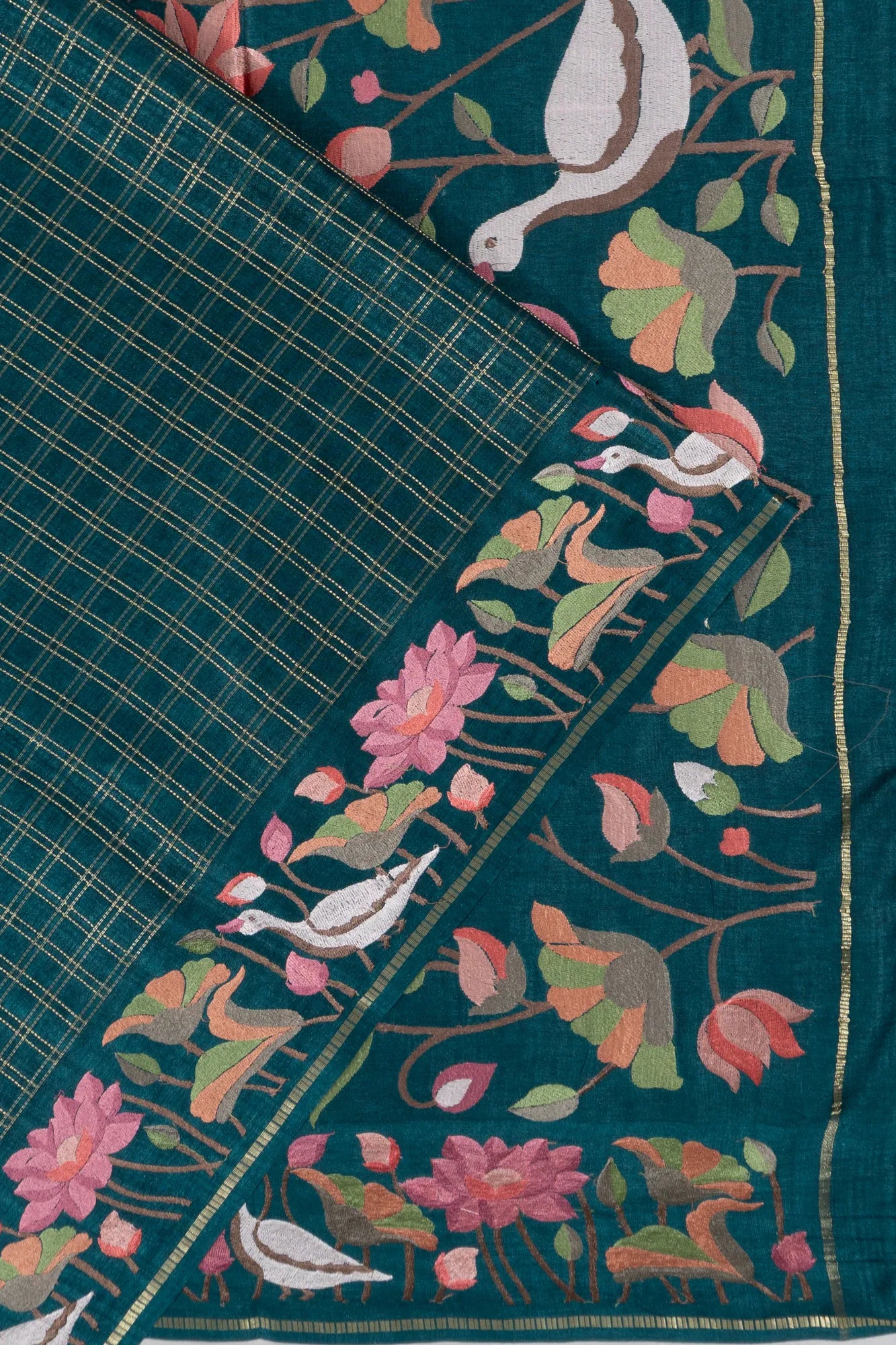 Dola Silk Checks Green Saree With Embroidery Border