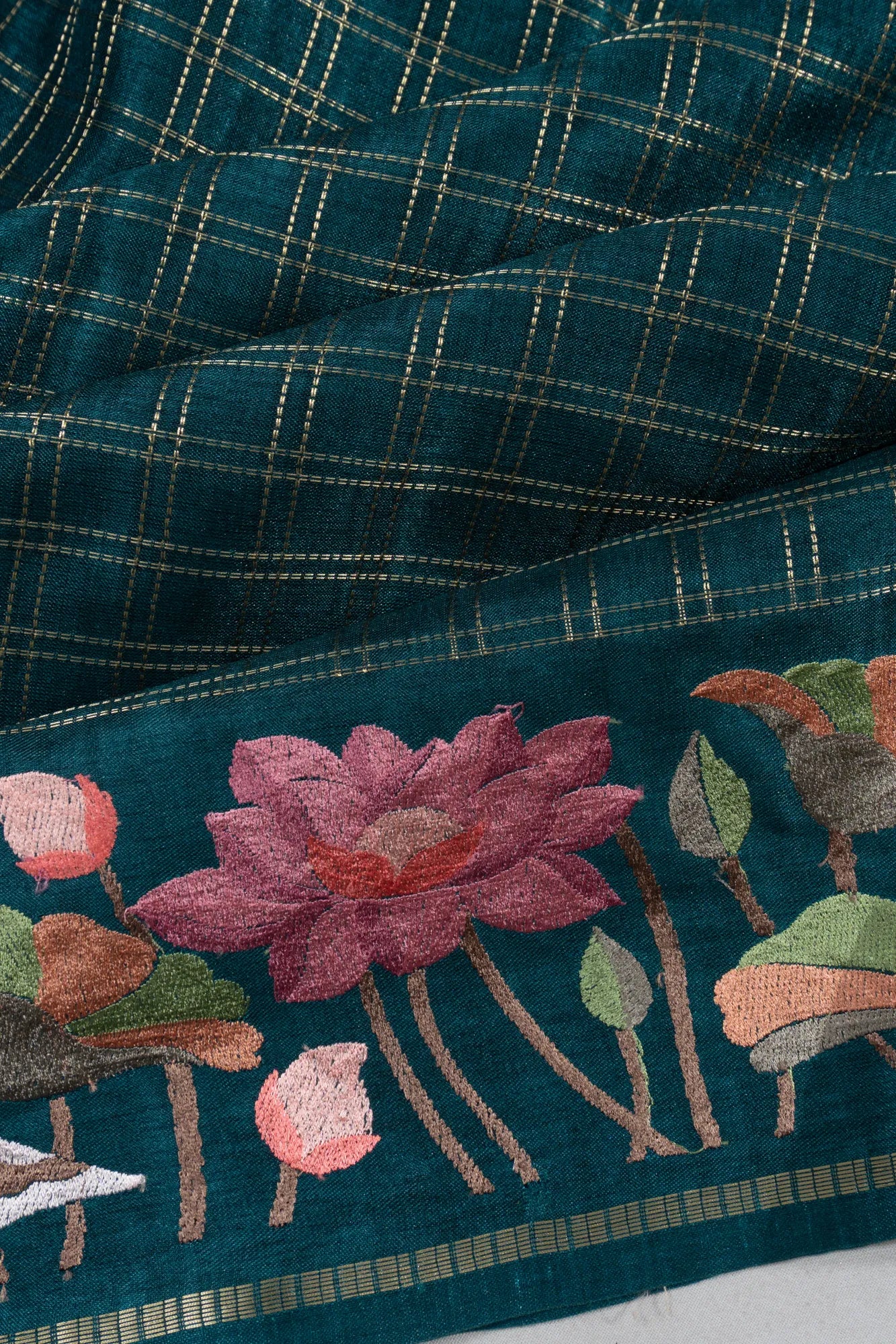 Dola Silk Checks Green Saree With Embroidery Border