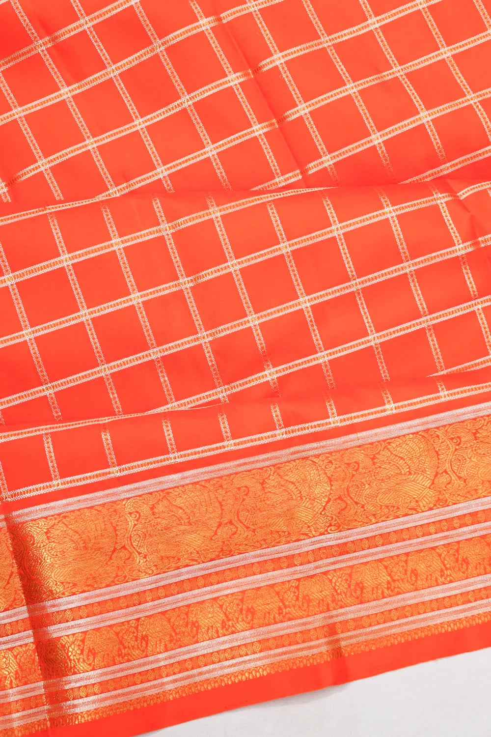 Kanchipuram Silk Checks Burnt Orange Saree