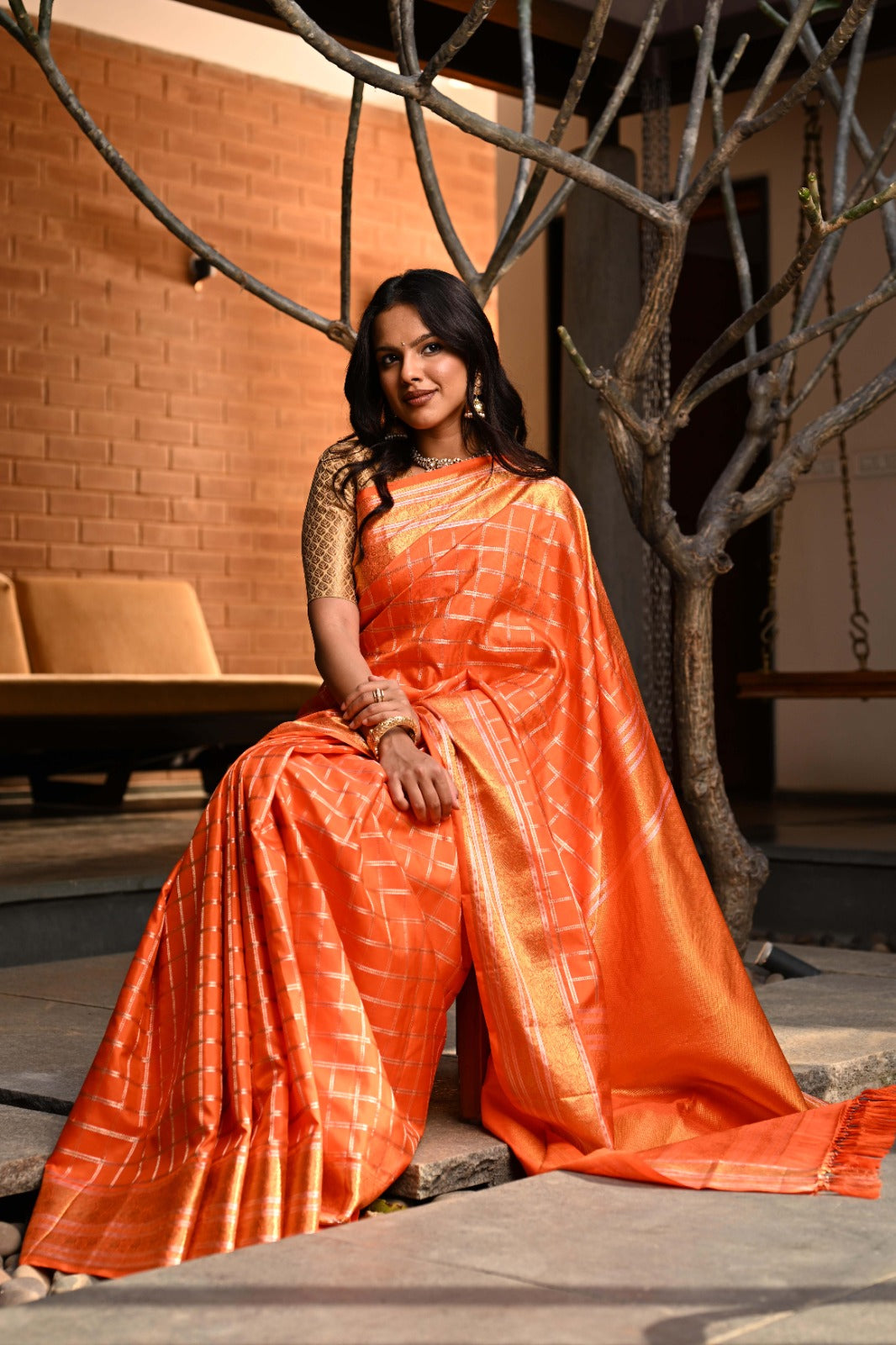 Kanchipuram Silk Checks Burnt Orange Saree