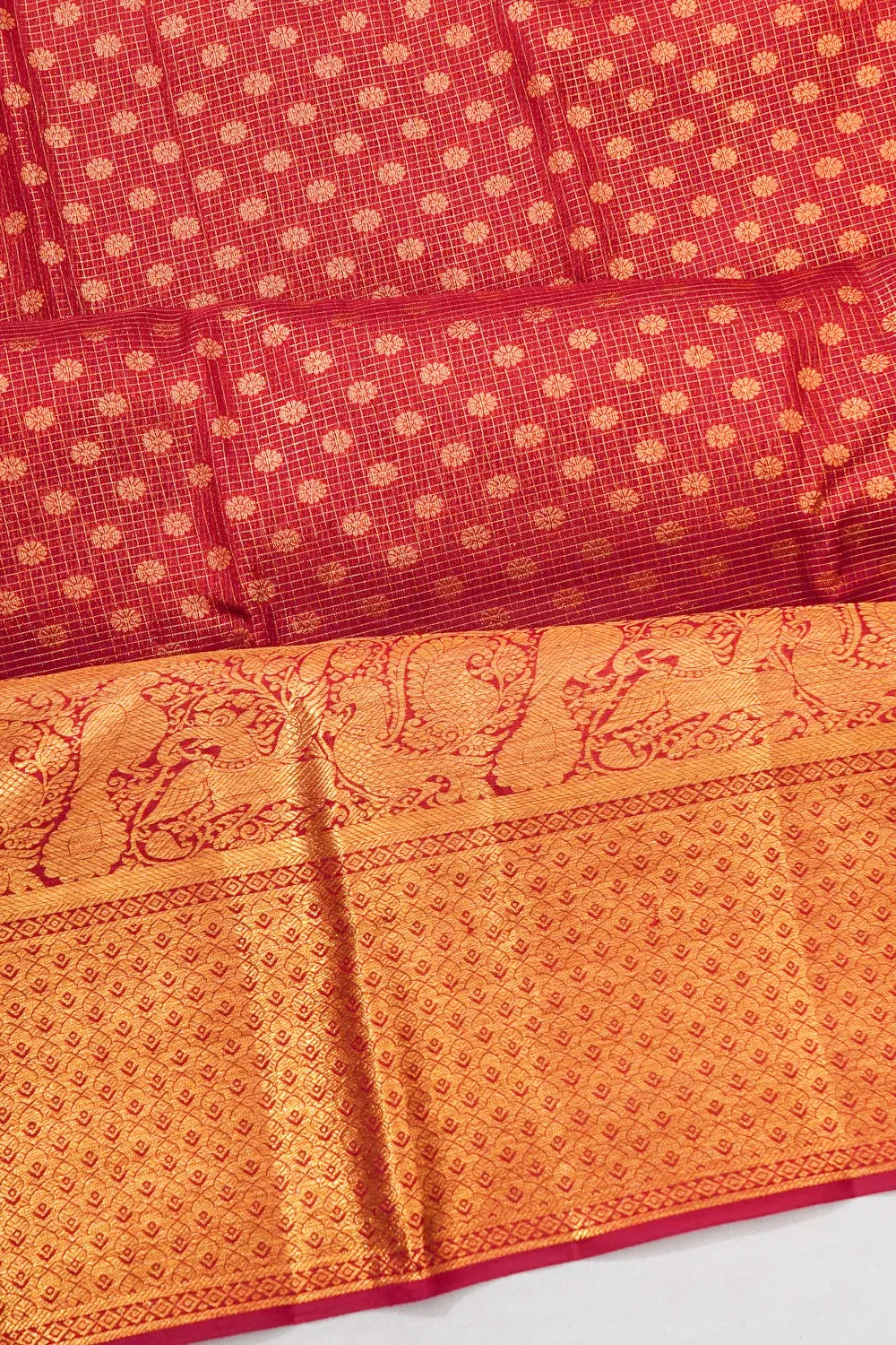 Taranga Kanchi Silk Tissue Checks And Butta Red Saree
