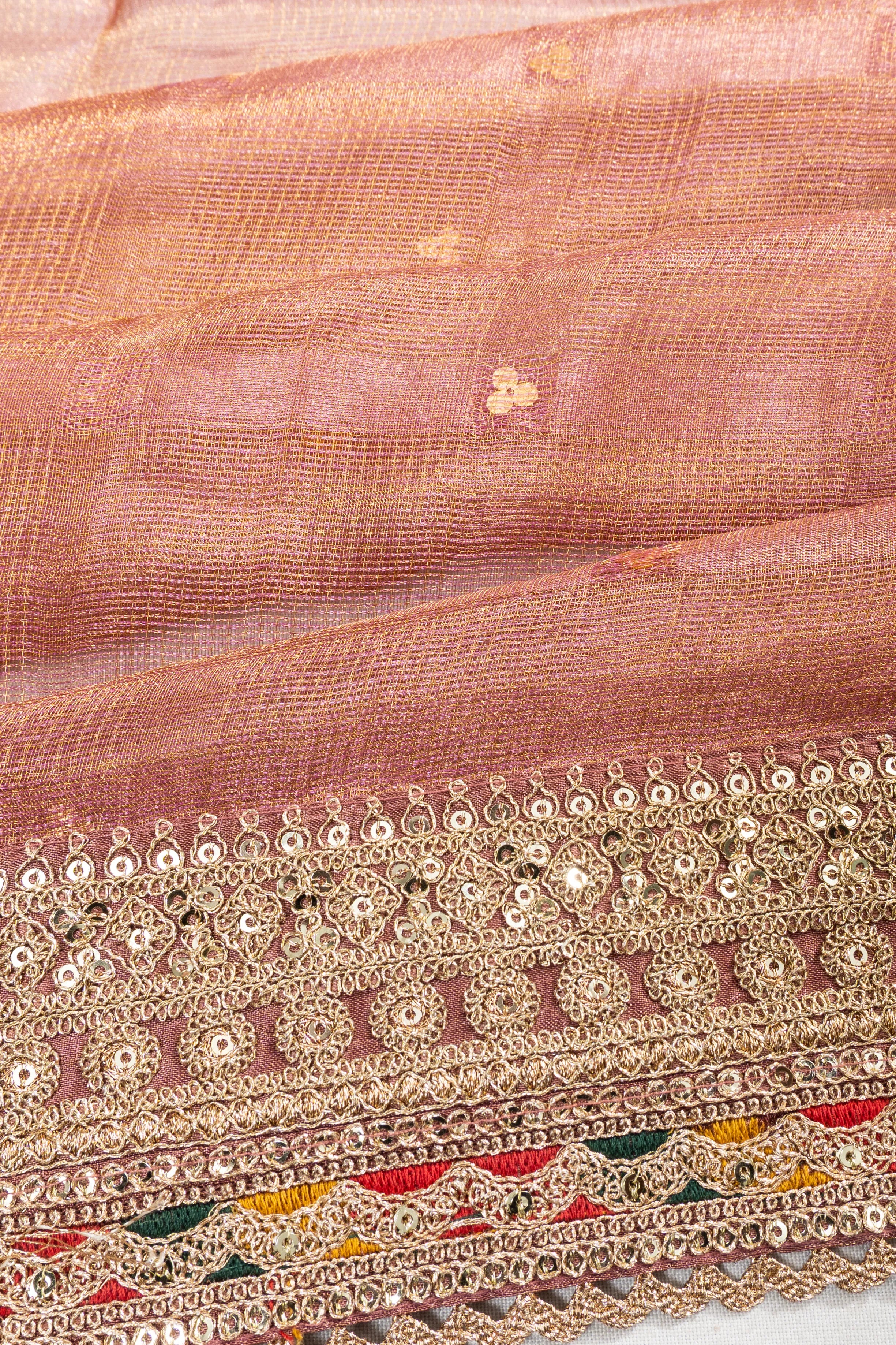 Organza Tissue Butta Peach Saree With Readymade Blouse