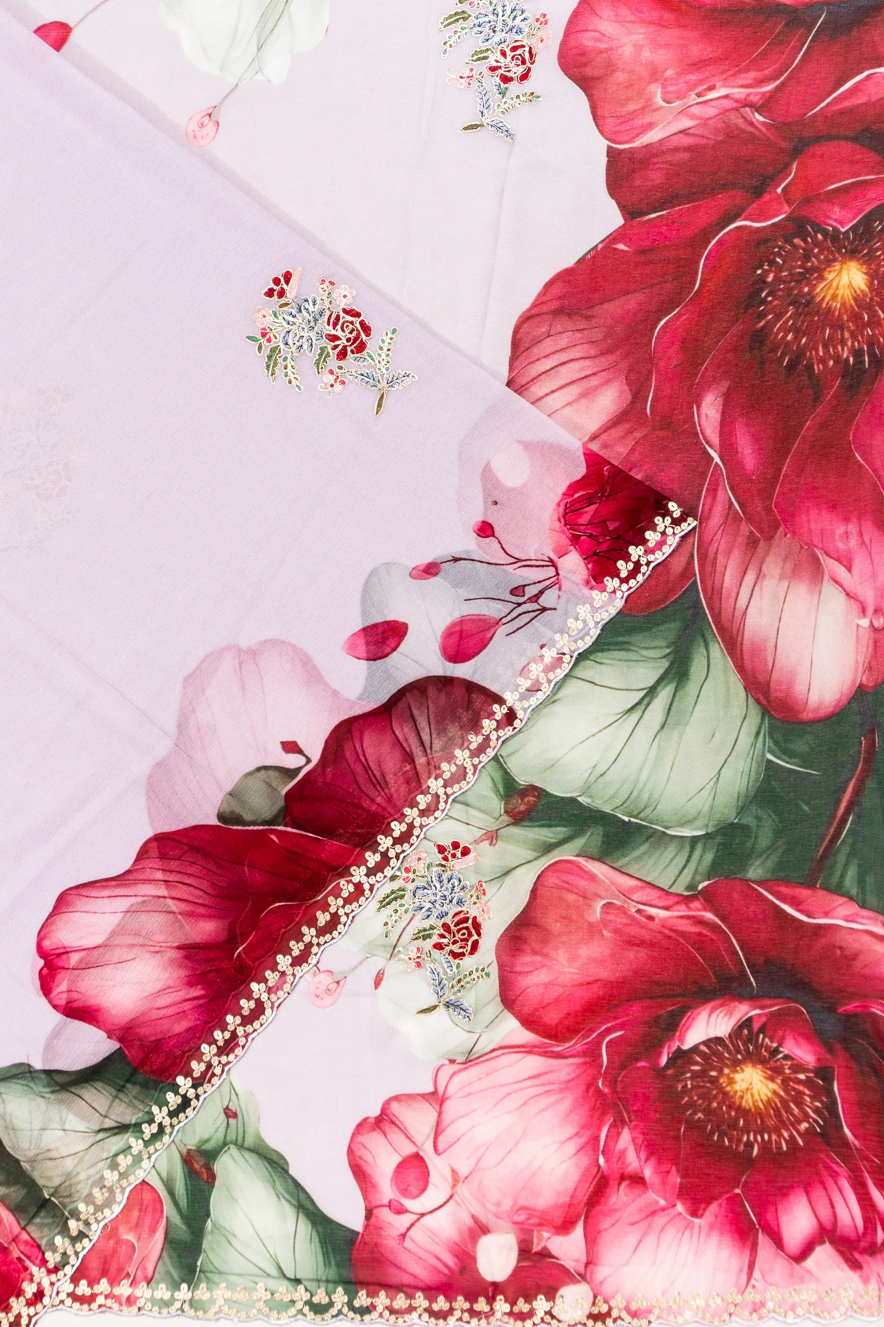 Georgette Printed Butta Off White Saree With Embroidery Border