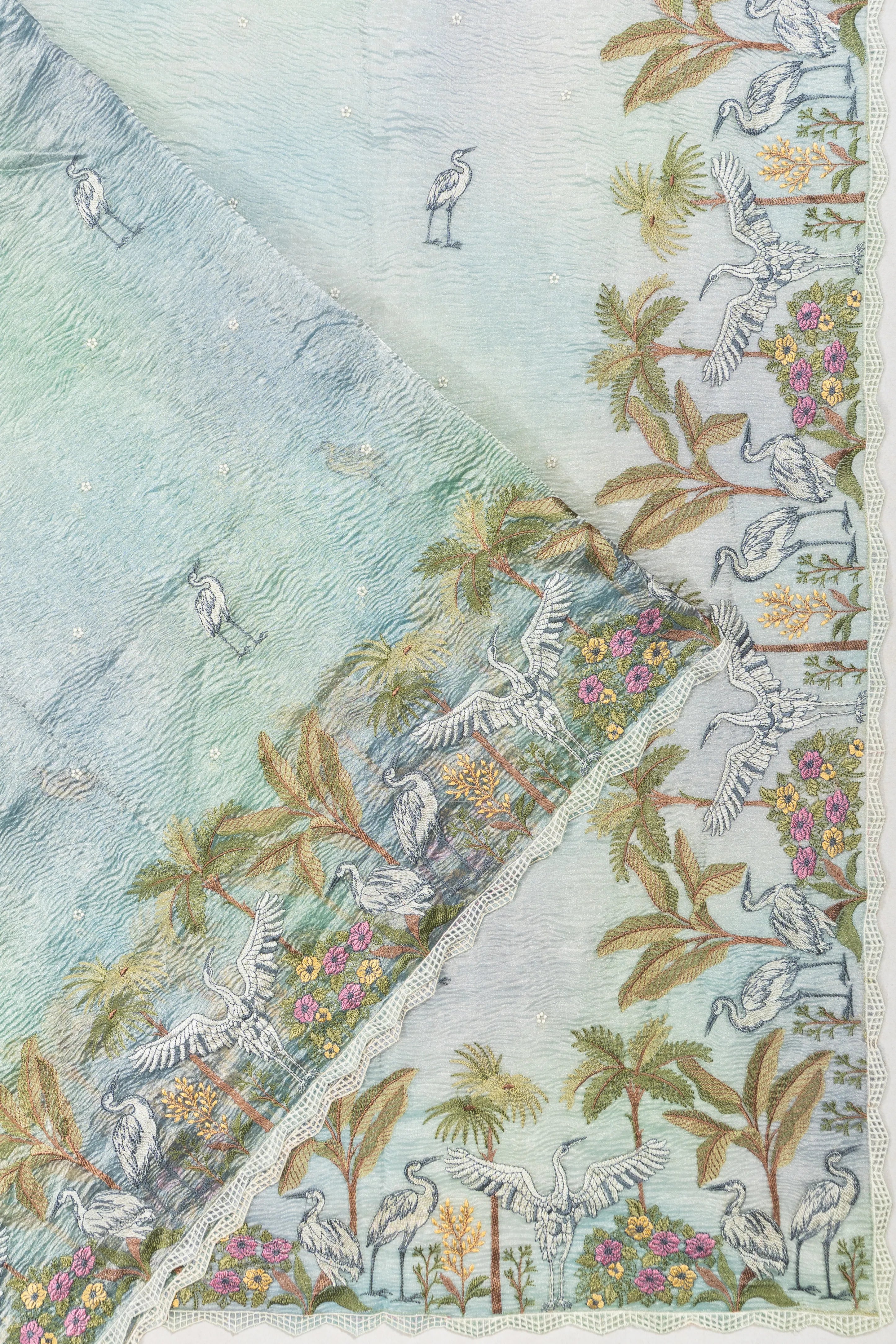 Crushed Organza Tissue Sea Blue Saree With Embroidery Border