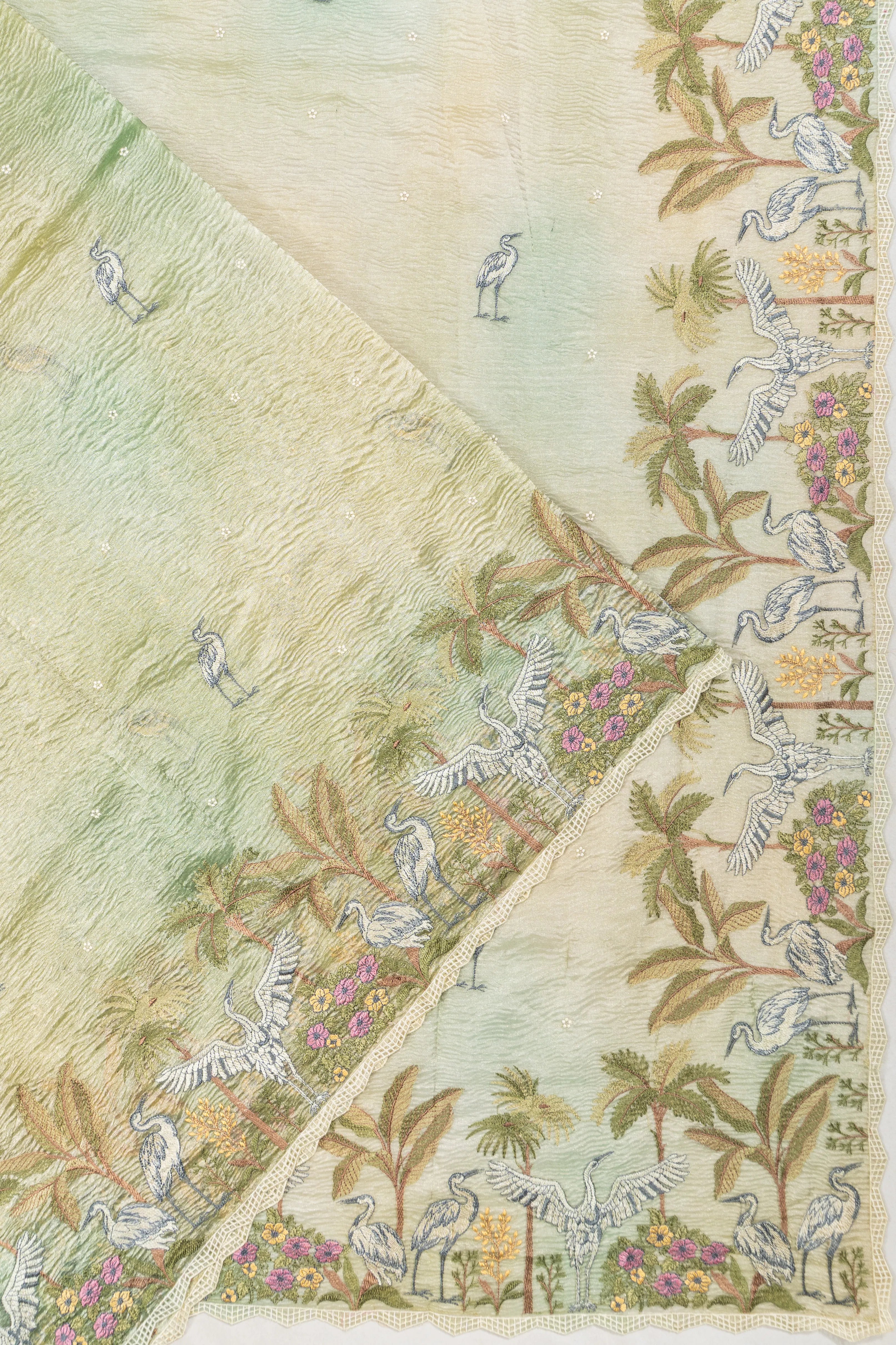 Crushed Organza Tissue Green Saree With Embroidery Border