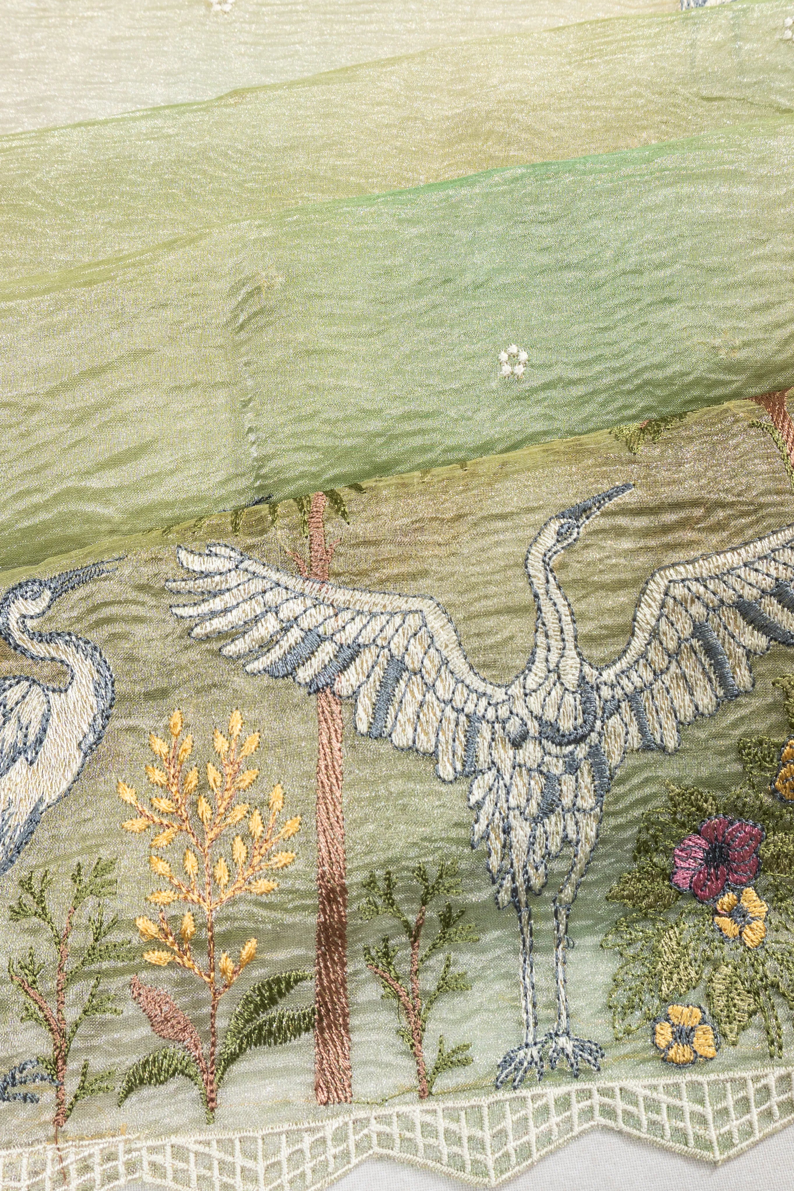 Crushed Organza Tissue Green Saree With Embroidery Border