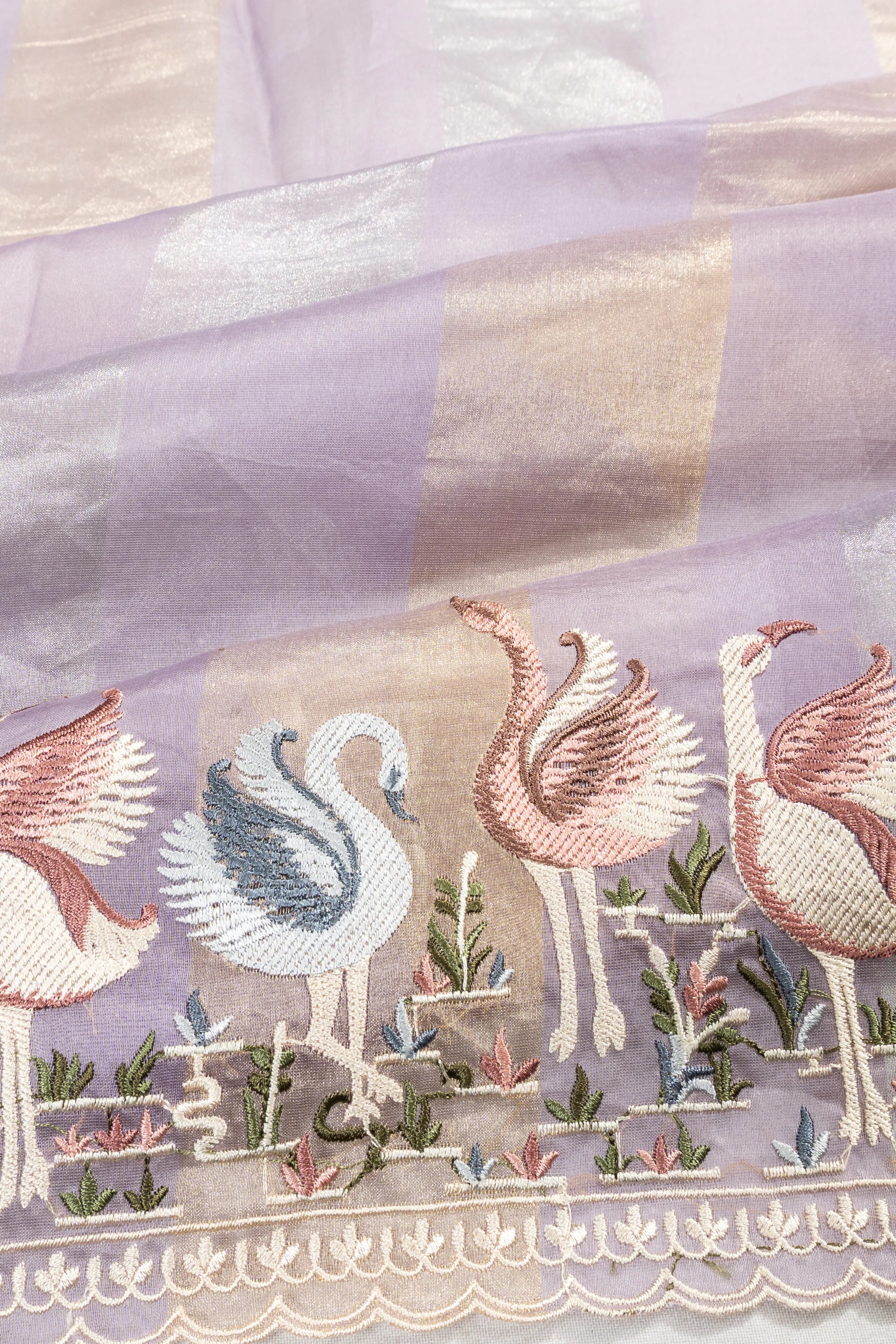 Organza Tissue Lines Lavender Saree With Embroidery Border