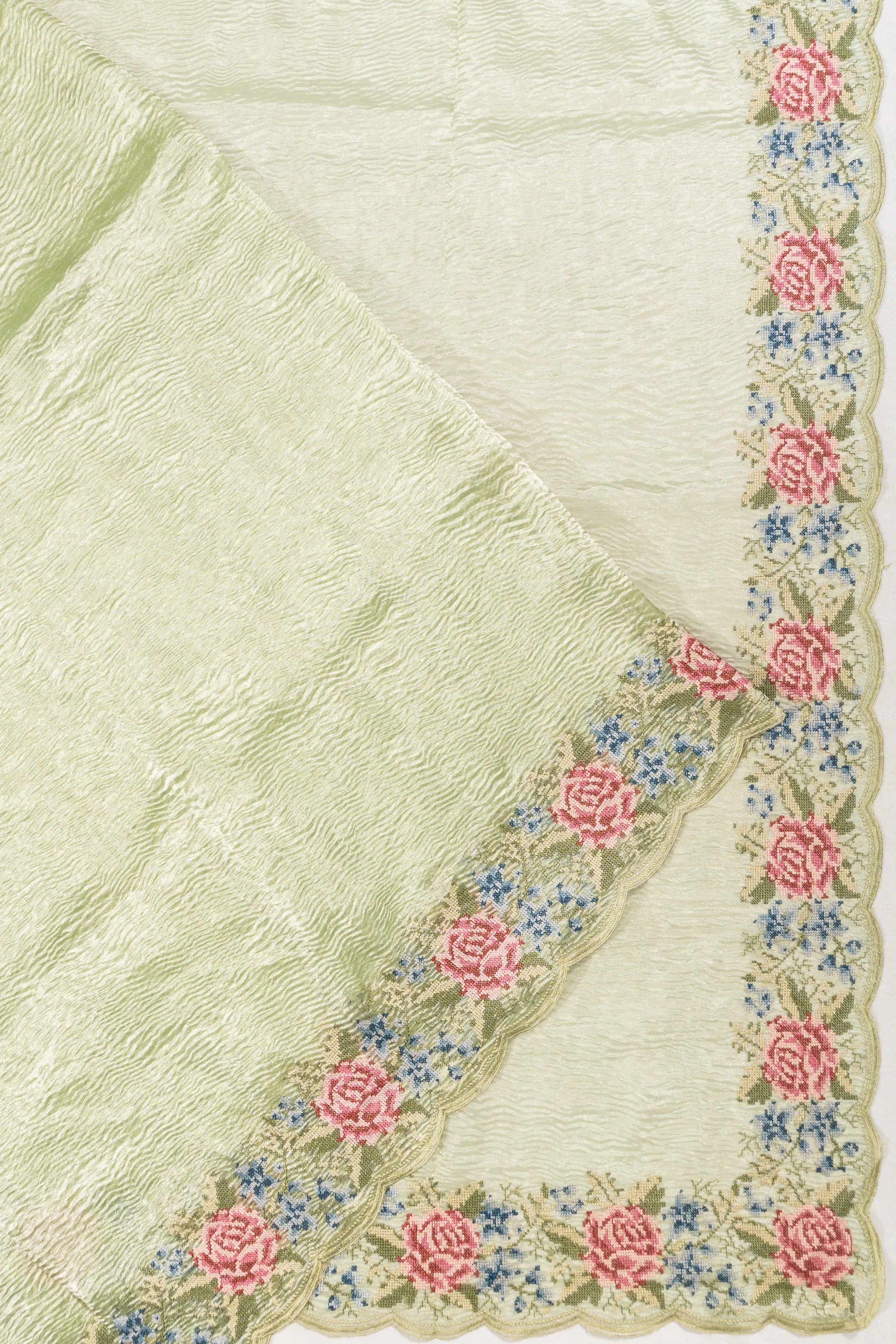 Crushed Organza Tissue Pista Green Saree With Embroidery Border